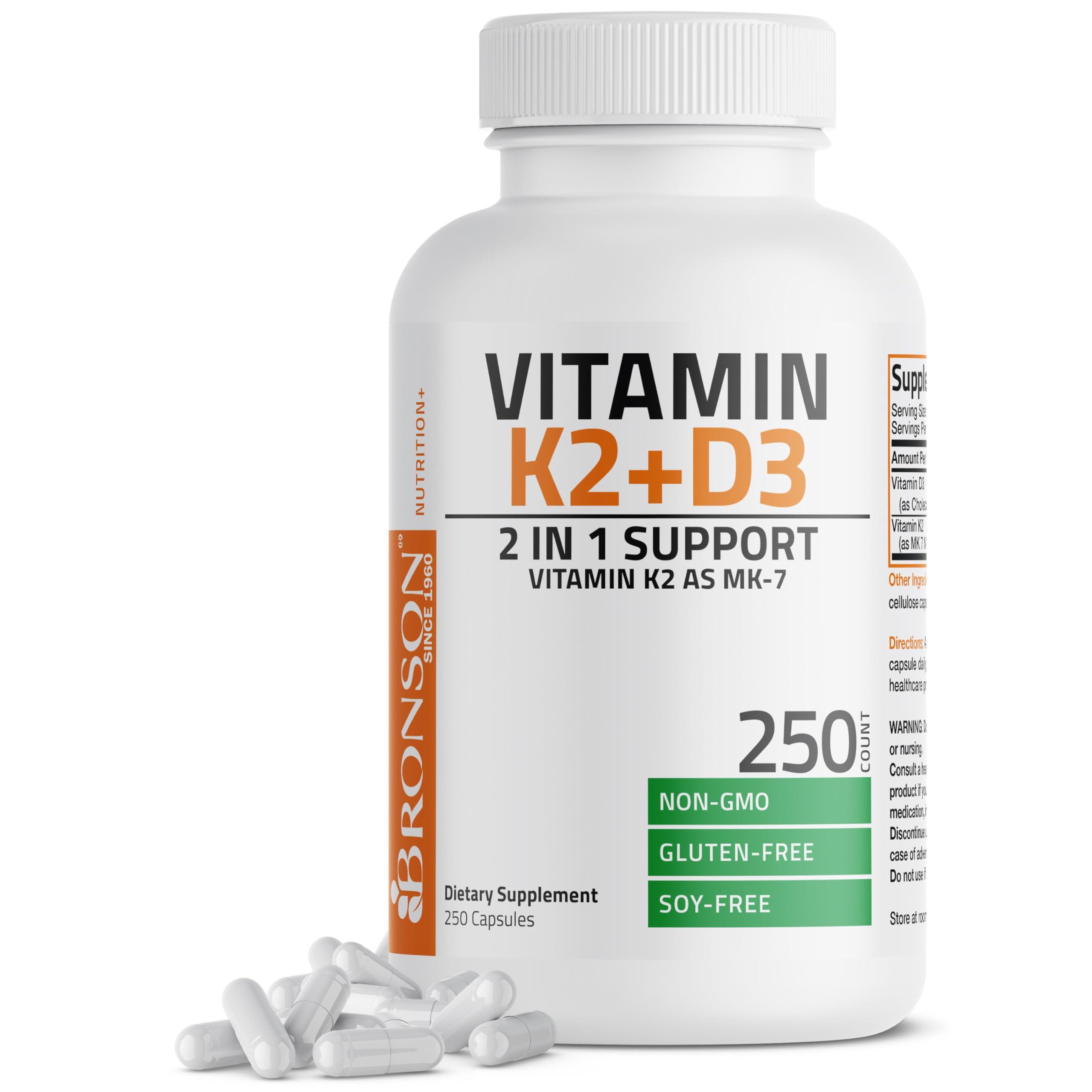 Bronson Vitamin K2 (MK7) with D3 Supplement Non-GMO Formula 5000 IU Vitamin D3 & 90 mcg K2 MK-7 Easy to Swallow D & K Complex, 250 Capsules - Image 1