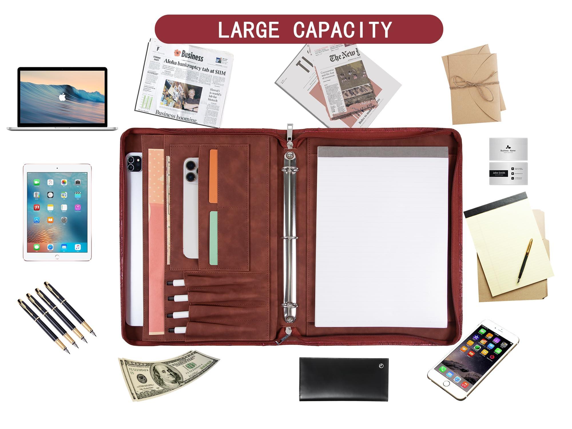 AZXCG Embossed Portfolio Binder,3-Ring Zipper Padfolio for Women and Men,A4/Letter Size,PU Leather with iPad,Professional Organizer for Resume/Interview (Red) - Image 6