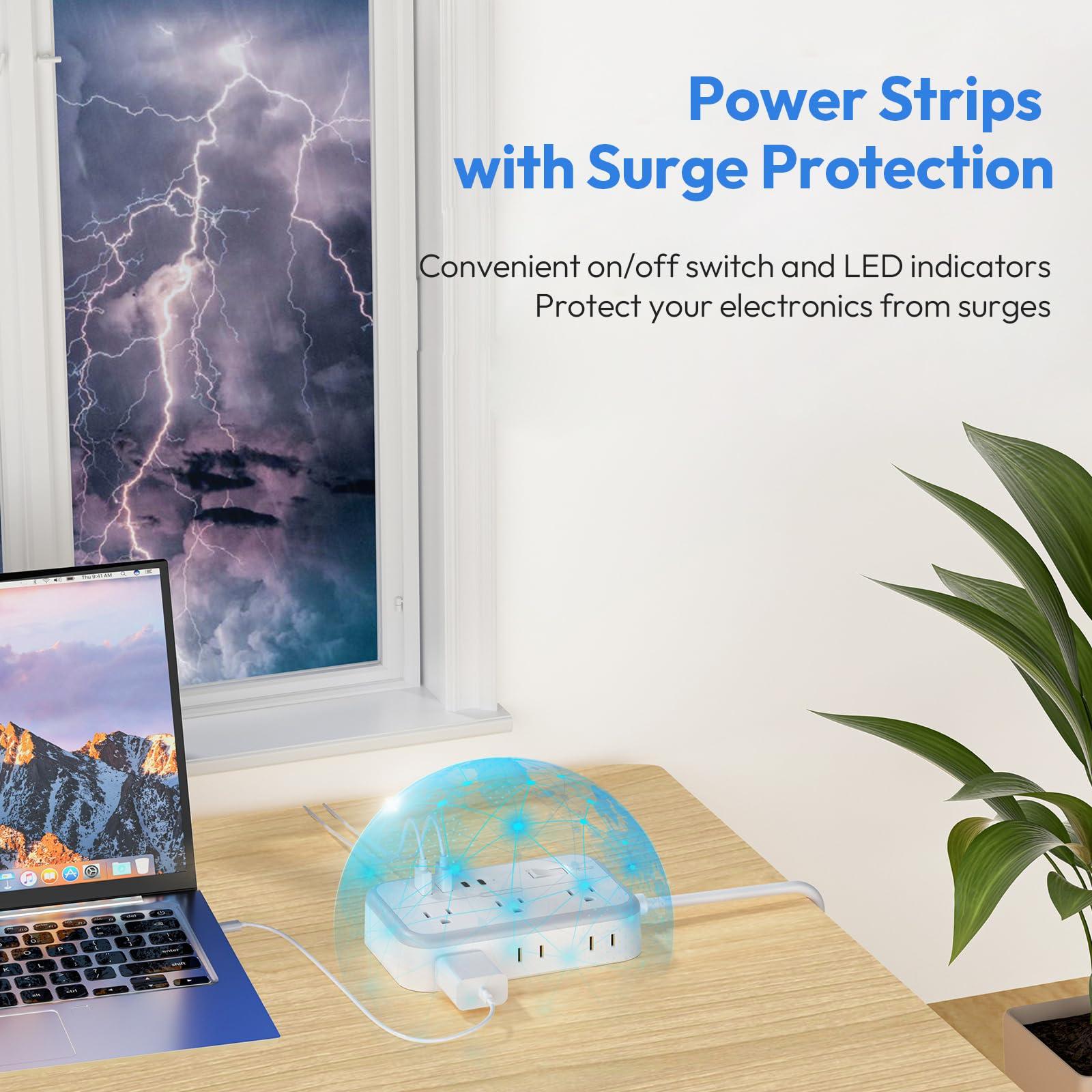 Extension Cord 15 ft, Surge Protector Power Strip with 6 Outlets 4 USB Charger(2 USB C Port), Flat Plug Outlet Extender, 1080 Joules Protection for Indoor, Home, Office Supplies, Dorm Room Essentials - Image 3