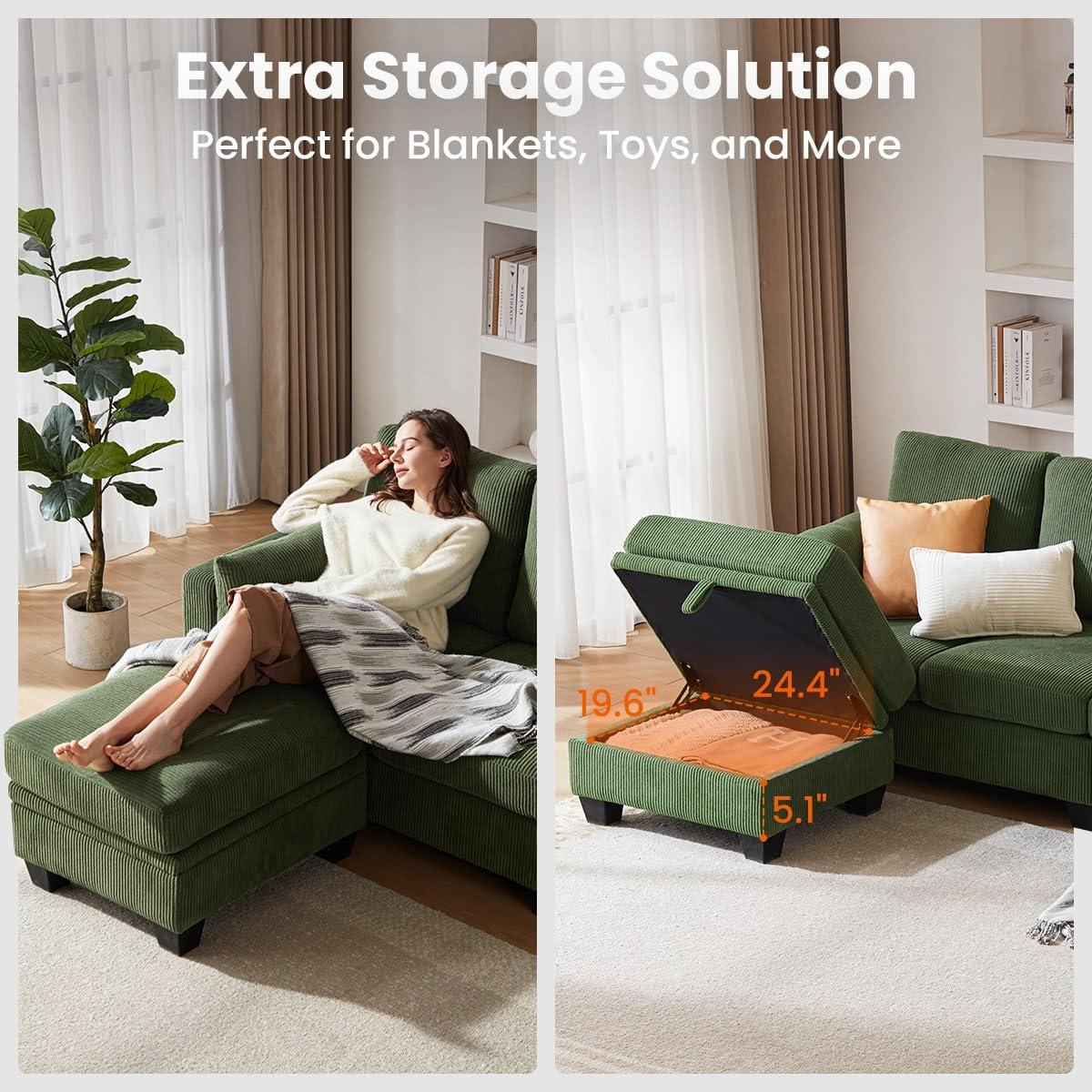 CHIC HOUSE Corduroy Modular Sectional Couch with Ottoman Chaise, L/U Shaped Sleeper Sofa for Living Room, Apartment, Lounge, Modern Armrest Neck Support Furniture (5 Seater Sectional, Green) - Image 7