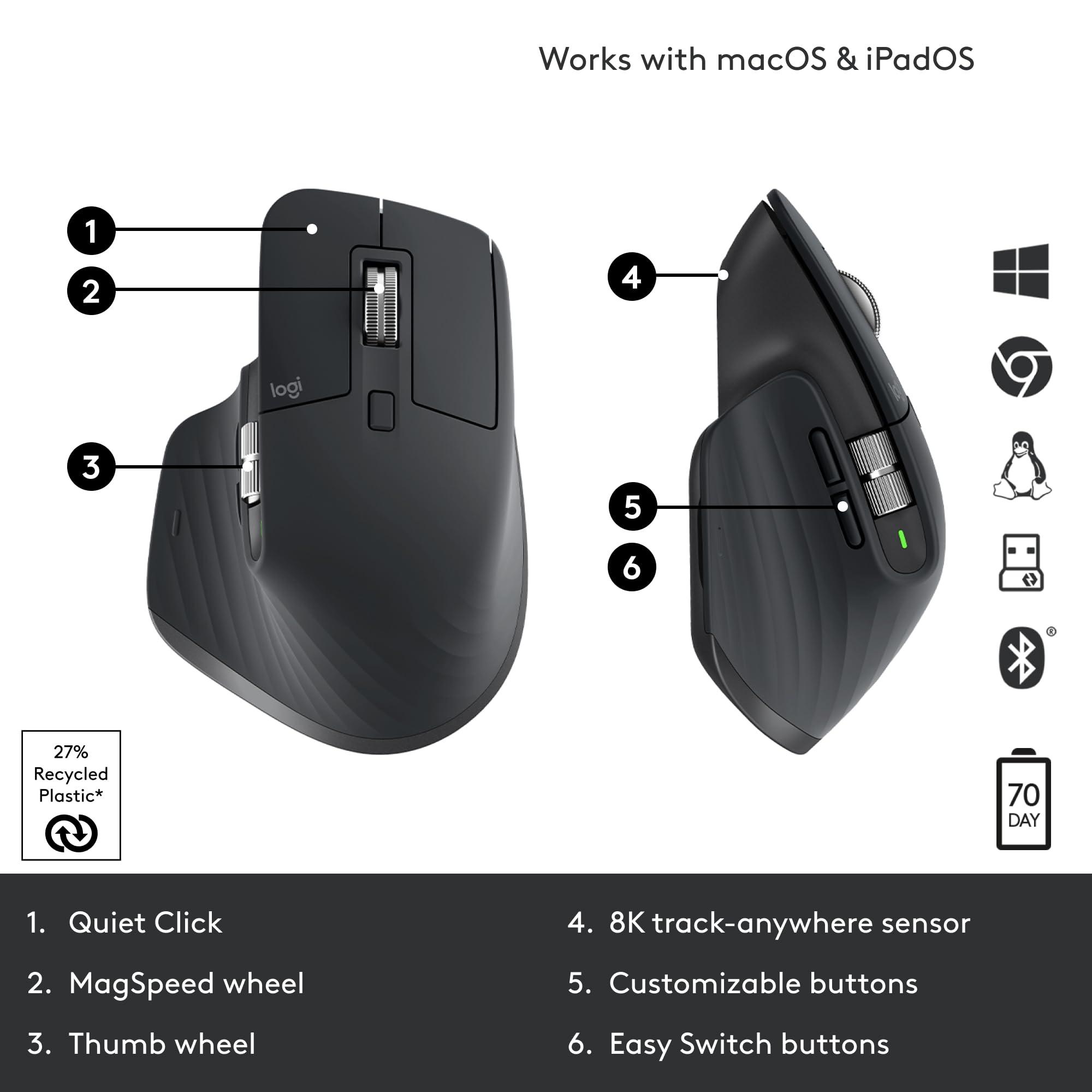 Logitech MX Master 3S Wireless Mouse, Ultra-fast Scrolling, Ergo, 8K DPI, Track on Glass, Quiet Clicks, USB-C, Bluetooth, Windows, Linux, Chrome - Graphite - Image 6
