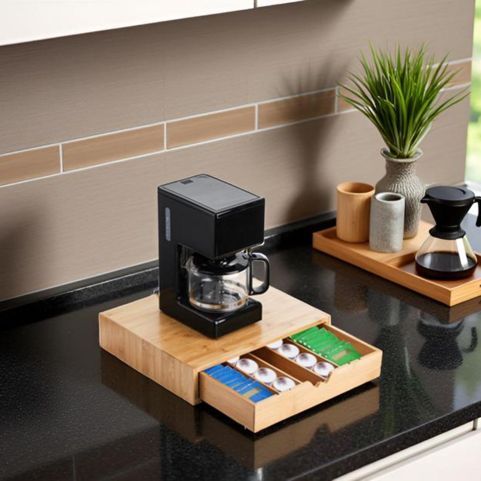 Peohud Bamboo Coffee Pod Drawer, Espresso Coffee Capsule Holder with 5 Adjustable Compartment, Tea Bag Storage Organizer for Kitchen Counter Office Coffee Station - Image 6