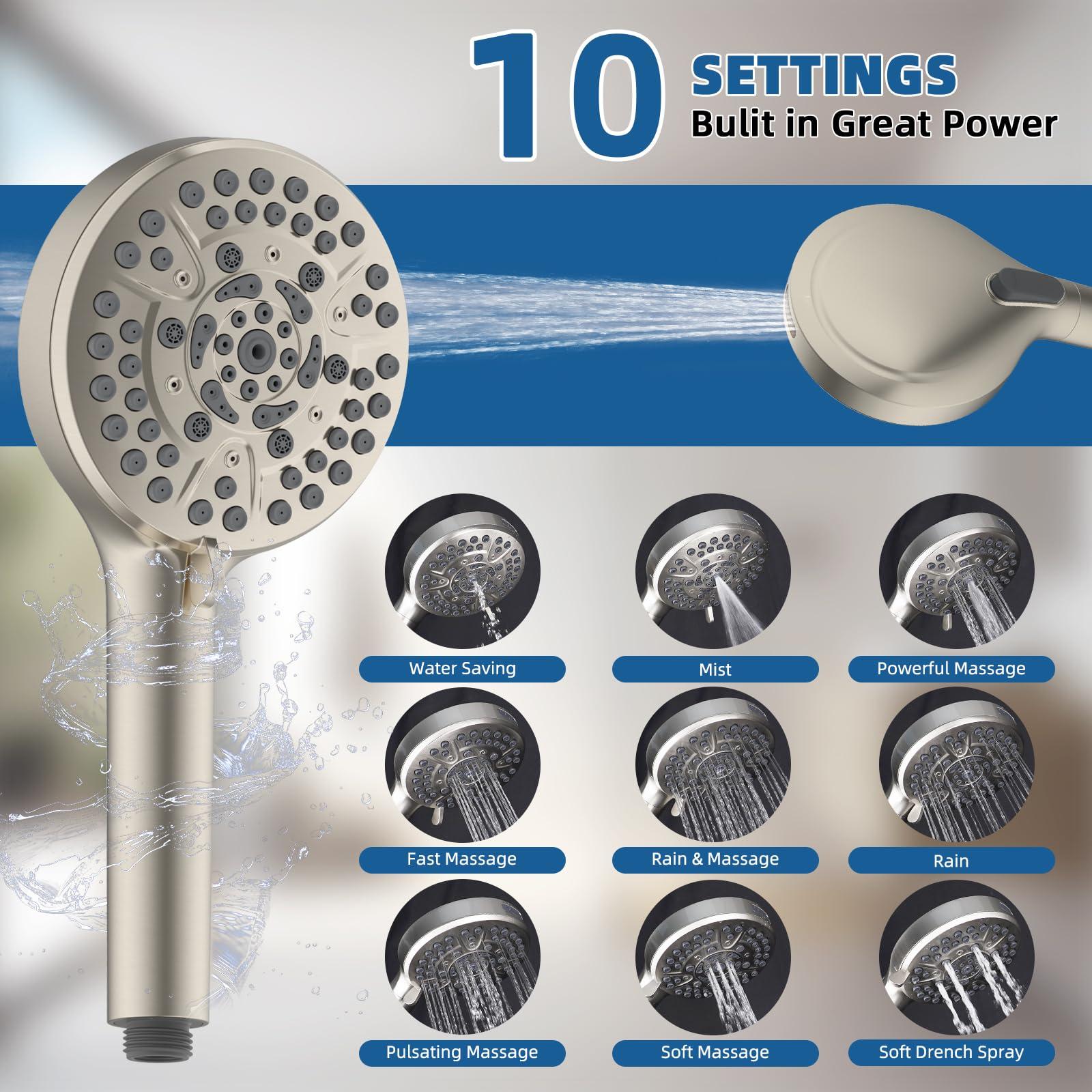 Hygie Rinse 12" All Metal Shower Head, High Pressure 10-Spray Handheld Showerhead Rainfall Shower Head Combo with 11" Adjustable Shower Extension Arm, 71" Hose, Shower Head Holder, Brushed Nickel - Image 3