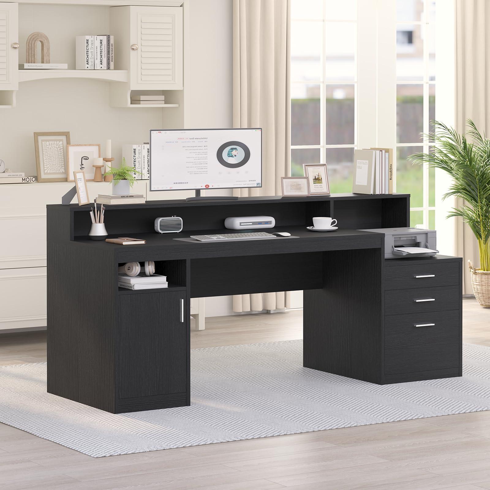 YOMILUVE Computer Desk with 3 Drawer & Storage Shelves, Home Office Desk with File Drawer & Cabinet, Writing Study Table with Long Monitor Stand & Printer Shelf, Executive Desk, Black - Image 8