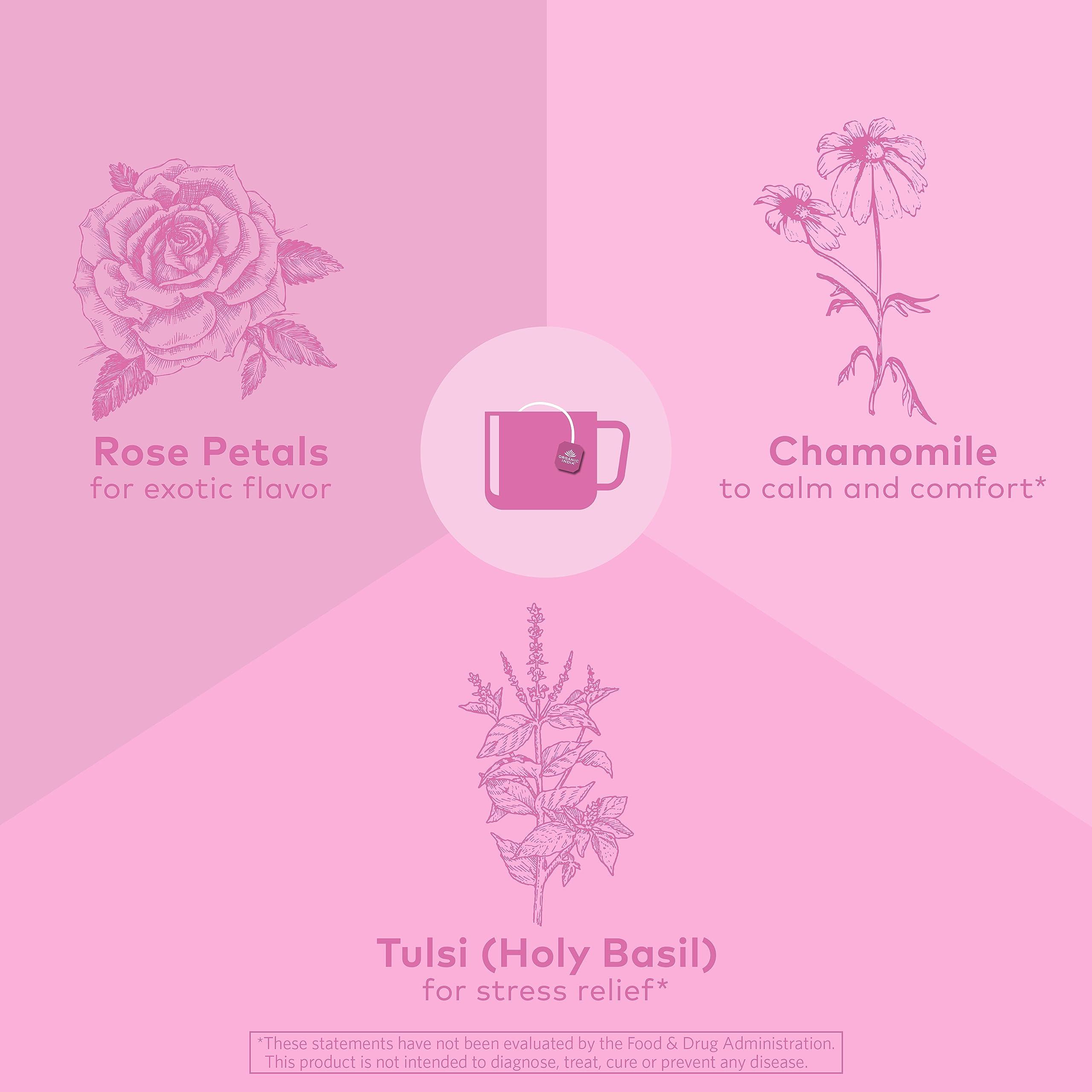 ORGANIC INDIA Tulsi Sweet Rose Herbal Tea - Holy Basil Leaf, African Basil, Chamomilie, Lemon Myrtle, Stress Relieving, Immune Support, USDA Certified Organic, Caffeine-Free - 3.5 oz Canister - Image 4