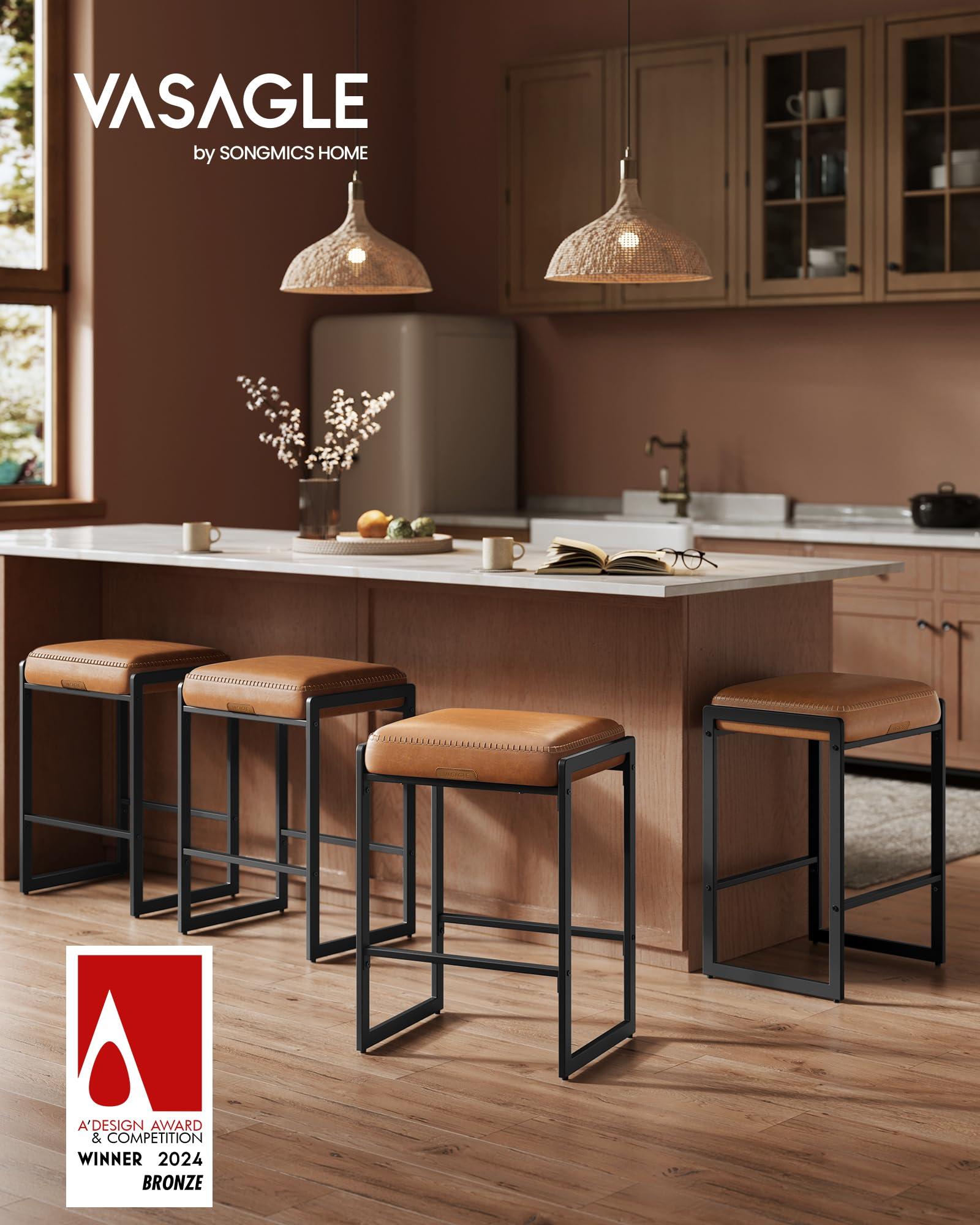 VASAGLE EKHO Collection - Bar Stools Set of 4, Counter Height Bar Stools, Synthetic Leather with Stitching, Mid-Century Modern Counter Stools, 26-Inch Tall, Kichen Home Bar Dining Room, Caramel Brown - Image 3