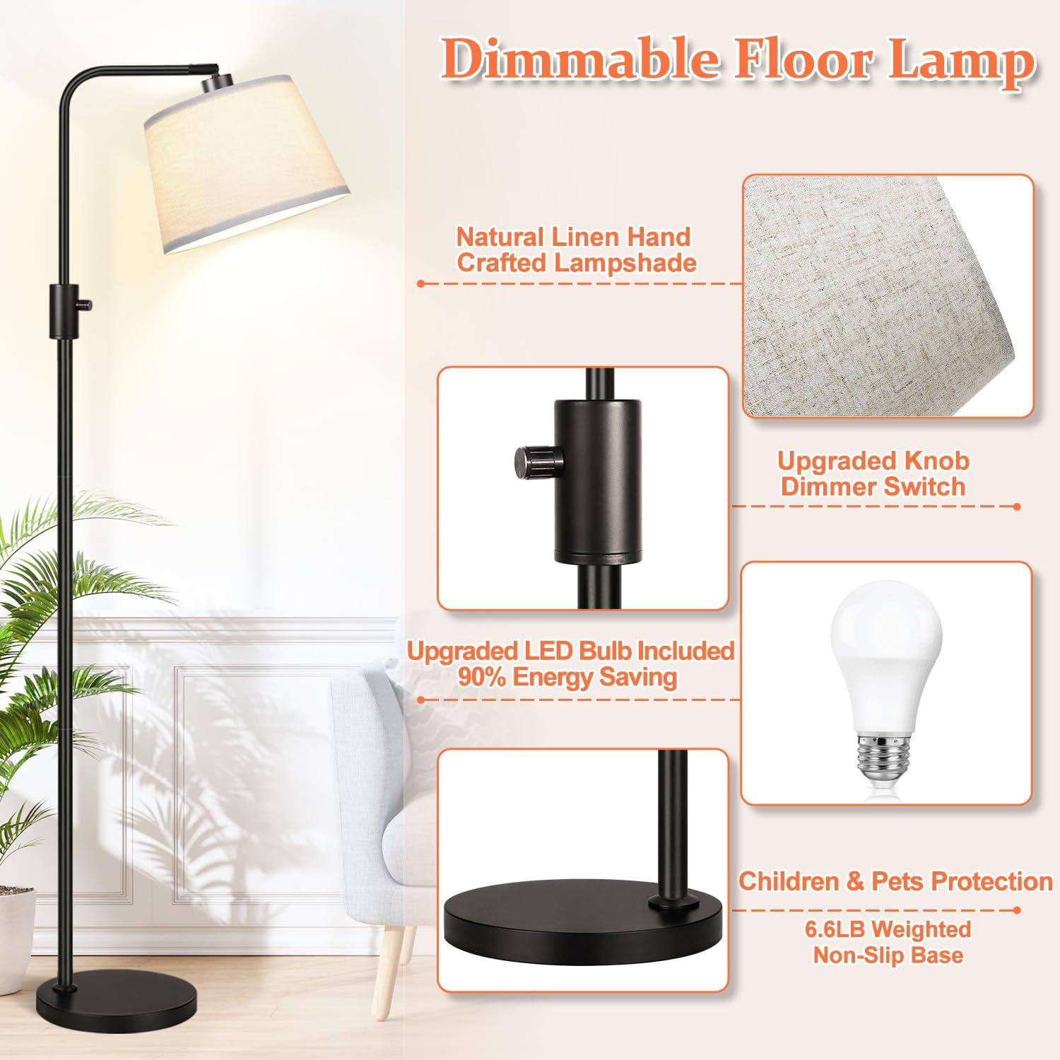 【Upgraded】 Dimmable Floor Lamp, 1000 Lumens LED Edison Bulb Included, Arc Floor Lamps for Living Room Modern Standing Lamp with Linen Shade, Tall Lamp for Bedroom Office Dining Room- Black - Image 4