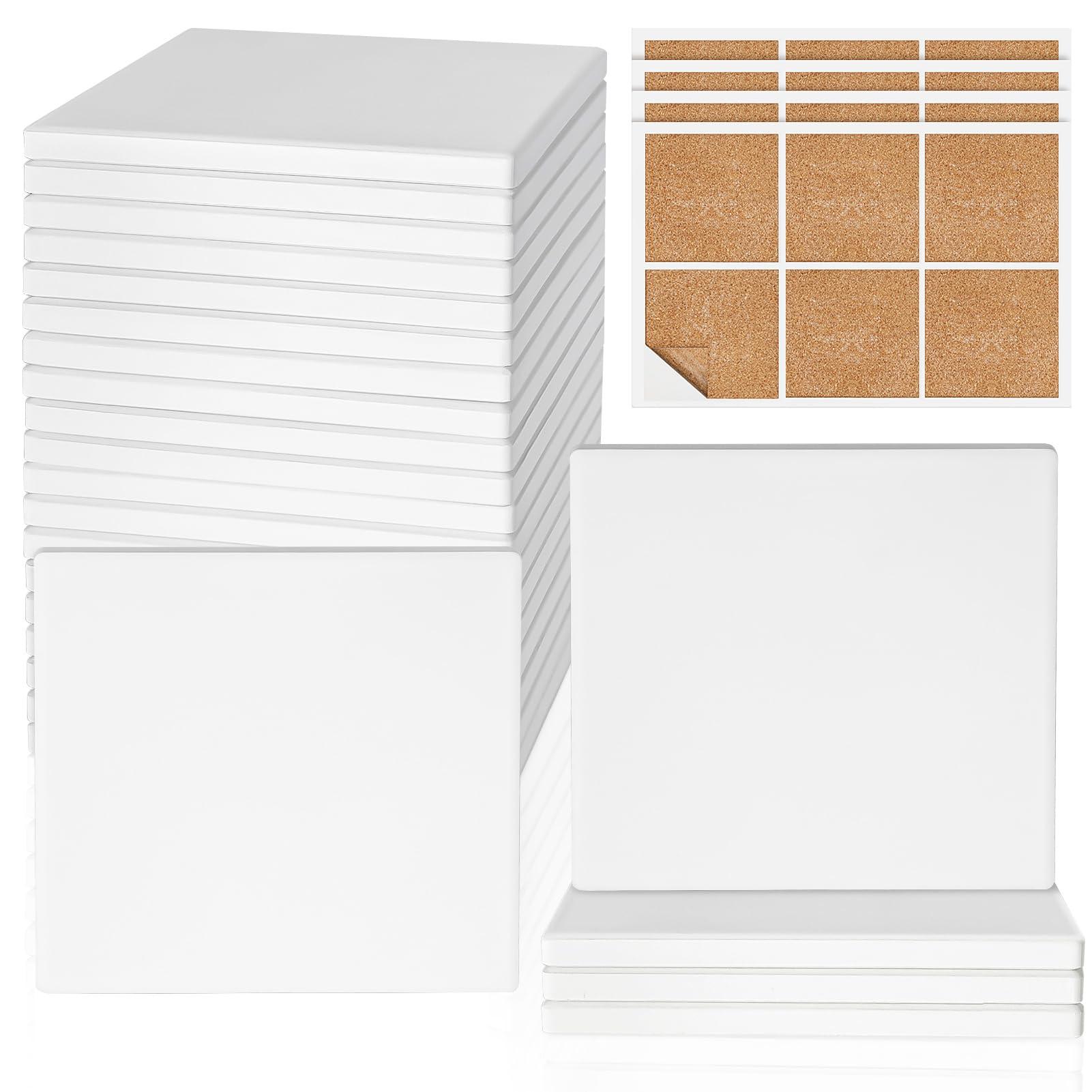 Ceramic Tiles for Crafts, GOH DODD 24 Pack Unglazed Blank Coasters White Tiles with 24 Cork Backing Pads for Alcohol Ink, Painting, Acrylic Pouring, Art Projects, Square, 4 Inch