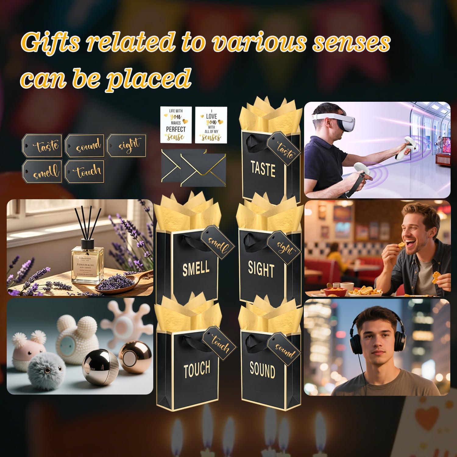 Gold Foil 5 Senses Gift Bags for Him Her with Labels Envelopes and Cards, Sight Smell Touch Taste Sound Gift Bags with Tissue Handle for Birthday, Anniversary, Mother's Day, Valentine's Day(9x7x3.15inch) - Image 4