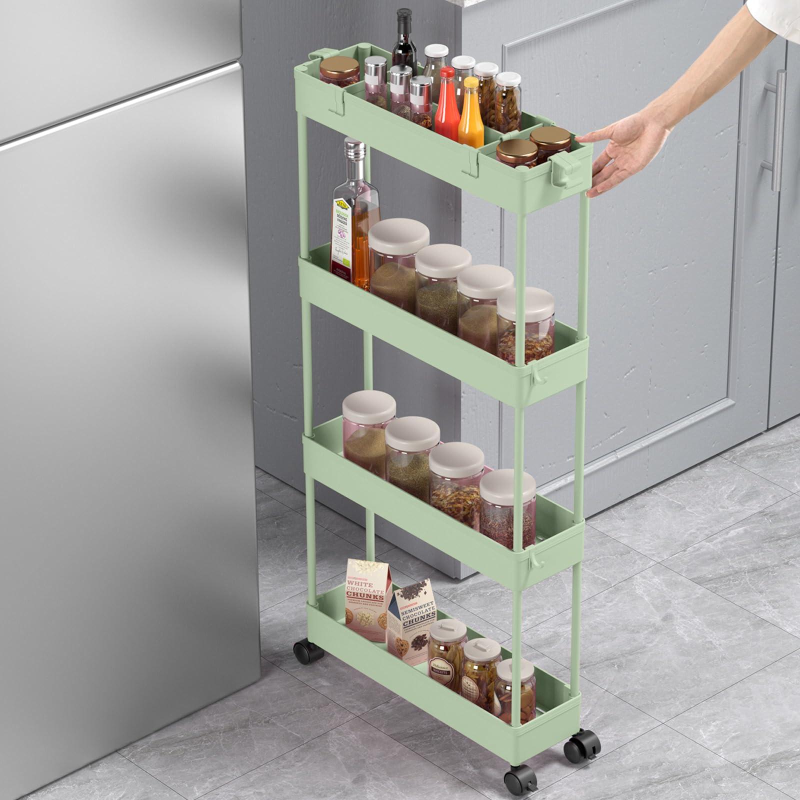 SPACELEAD Slim Storage Cart 4 Tier,Bathroom Organizer Rolling Utility,Mobile Shelving Unit Slide Out for Office, Kitchen, Laundry Room & Narrow Places，Green - Image 4