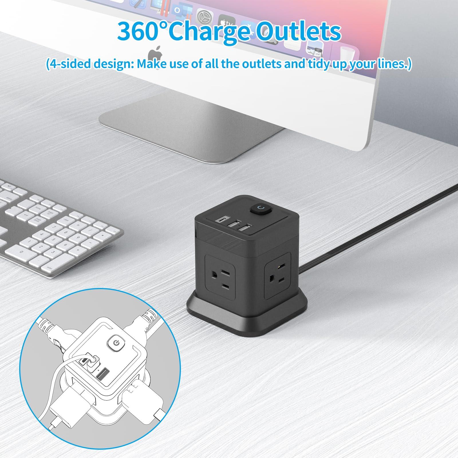 Power Strip with USB C, FDTEK Flat Plug Extension Cord with 4 Outlets and 3 USB Ports 10 FT Desk Power Strip Cube Overload Protection Compact Portable for Travel Home Office Cruise Ship - Black - Image 4