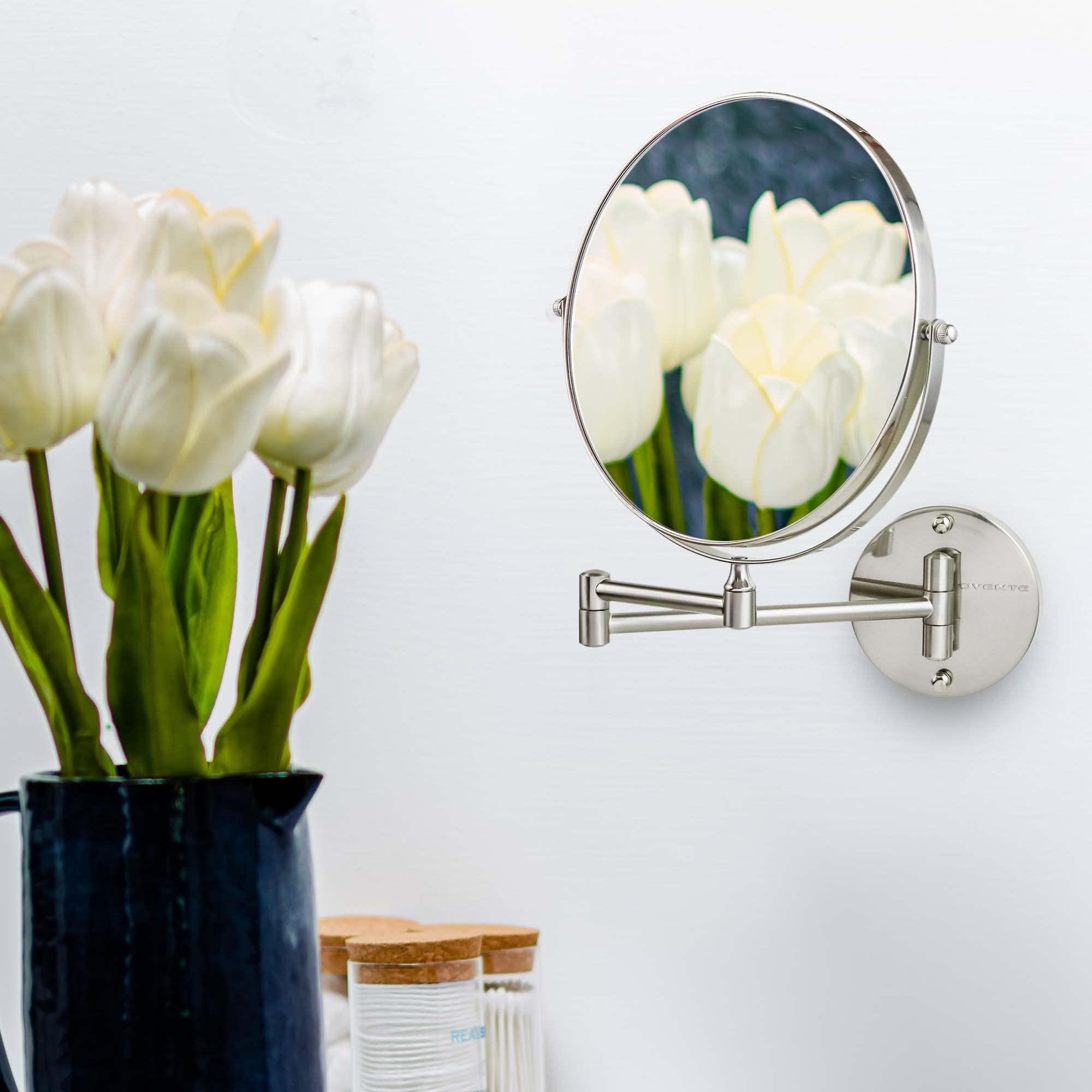 OVENTE 9" Wall Mounted Makeup Mirror with 1X/7X Magnification, Double Sided Magnifying Round Bathroom Vanity Mirror, 360° Swivel Design, Extendable and Folding Arm, Nickel Brushed MNLFW90BR1X7X - Image 9