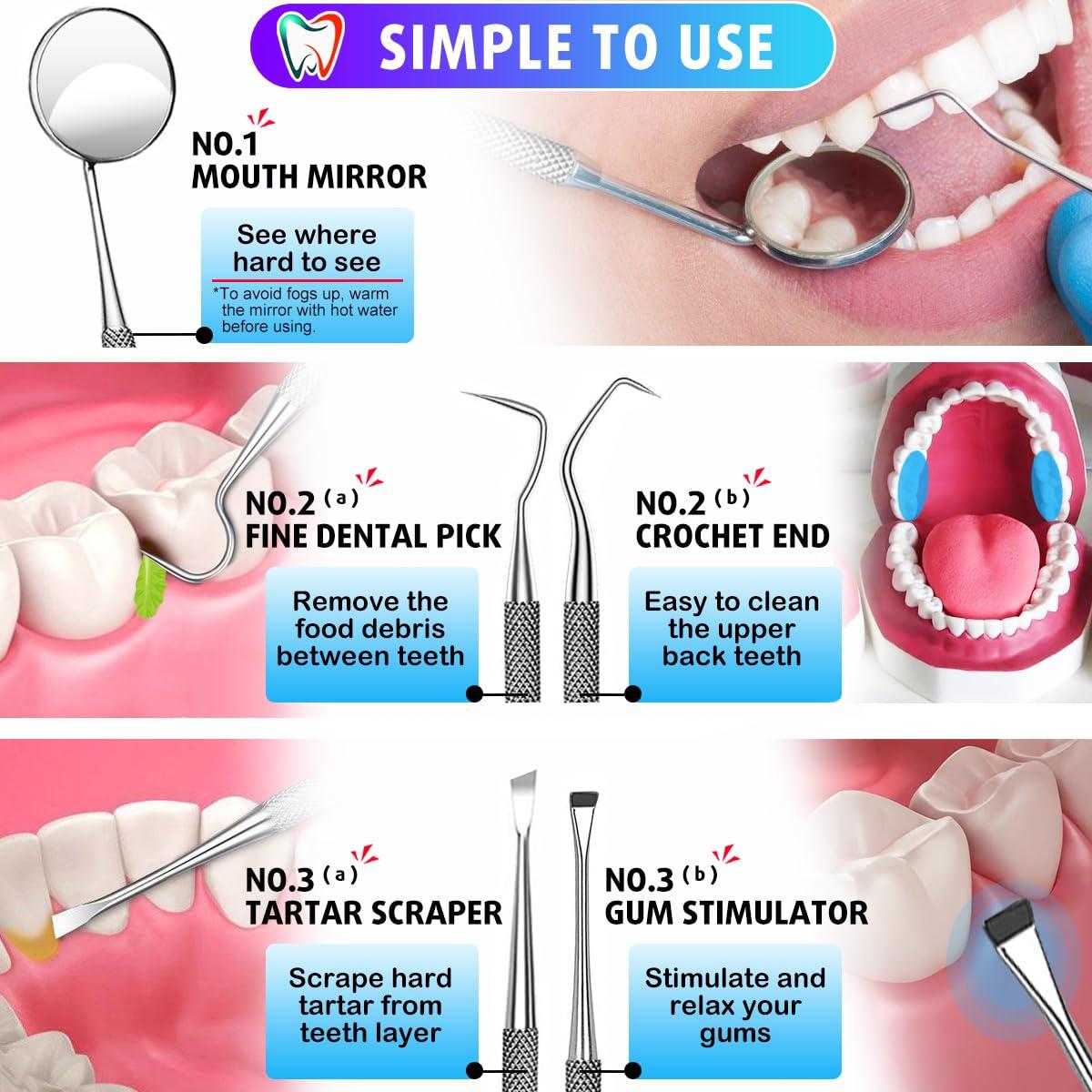 G.CATACC Dental Tools, Dental Pick Teeth Cleaning Tools Hygiene Kit, Plaque Remover for Teeth, Professional Stainless Steel Tooth Scraper Plaque Tartar Cleaner - with Case - Image 5