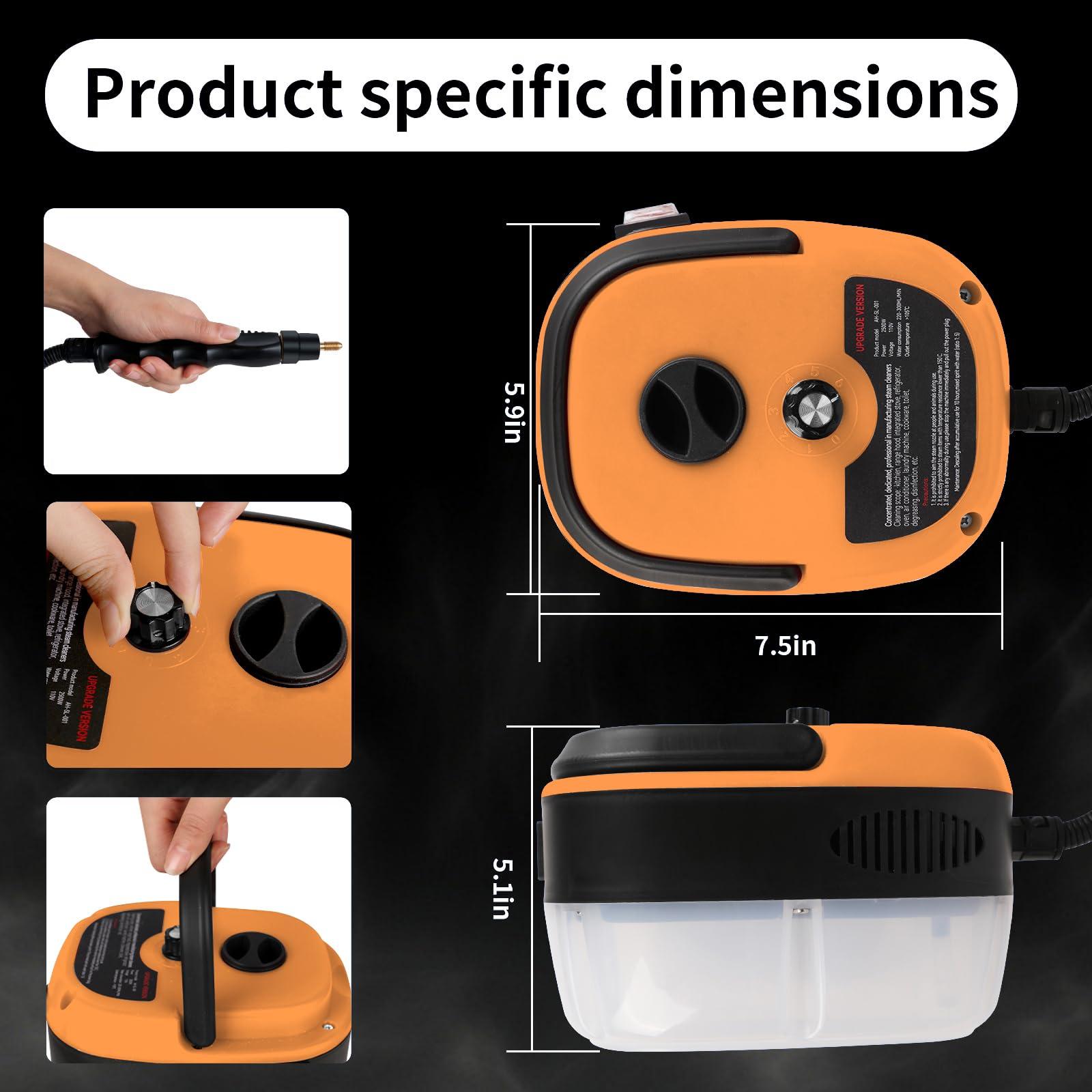 Handheld Steam Cleaner, 2500W Pressurized Steam Cleaner with 3 Brush Heads, Portable Steam Cleaner for Home, Car, Furniture, Kitchen, Bathroom and Wall, Orange - Image 2