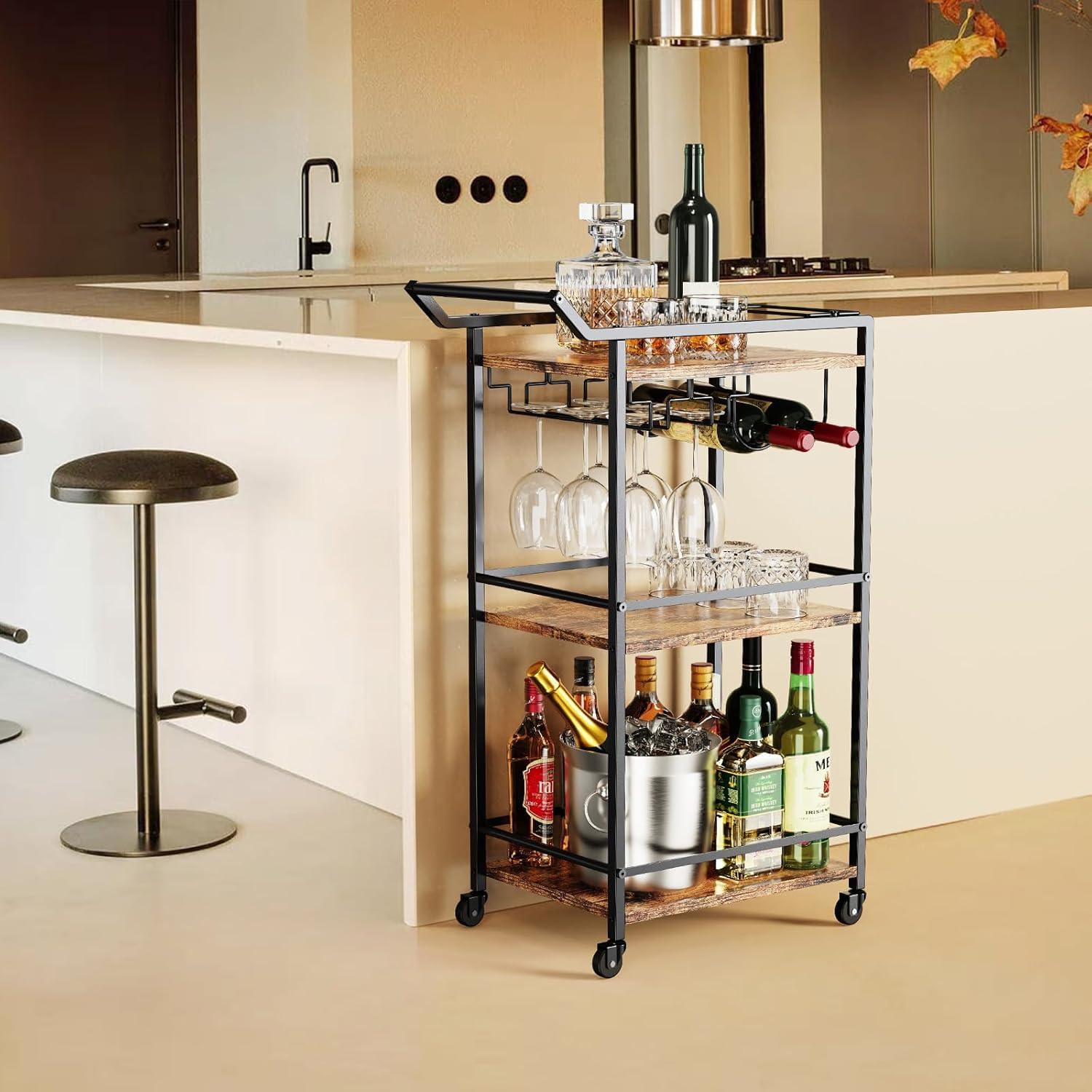 LOTEYIKE 3 Tier Bar Cart, Mini Liquor Utility Cart for Wine Beverage Dinner Party, Rolling Wine Coffee Drink Serving Cart with Lockable Wheels for Home Kitchen Bars (Rustic Brown) - Image 5