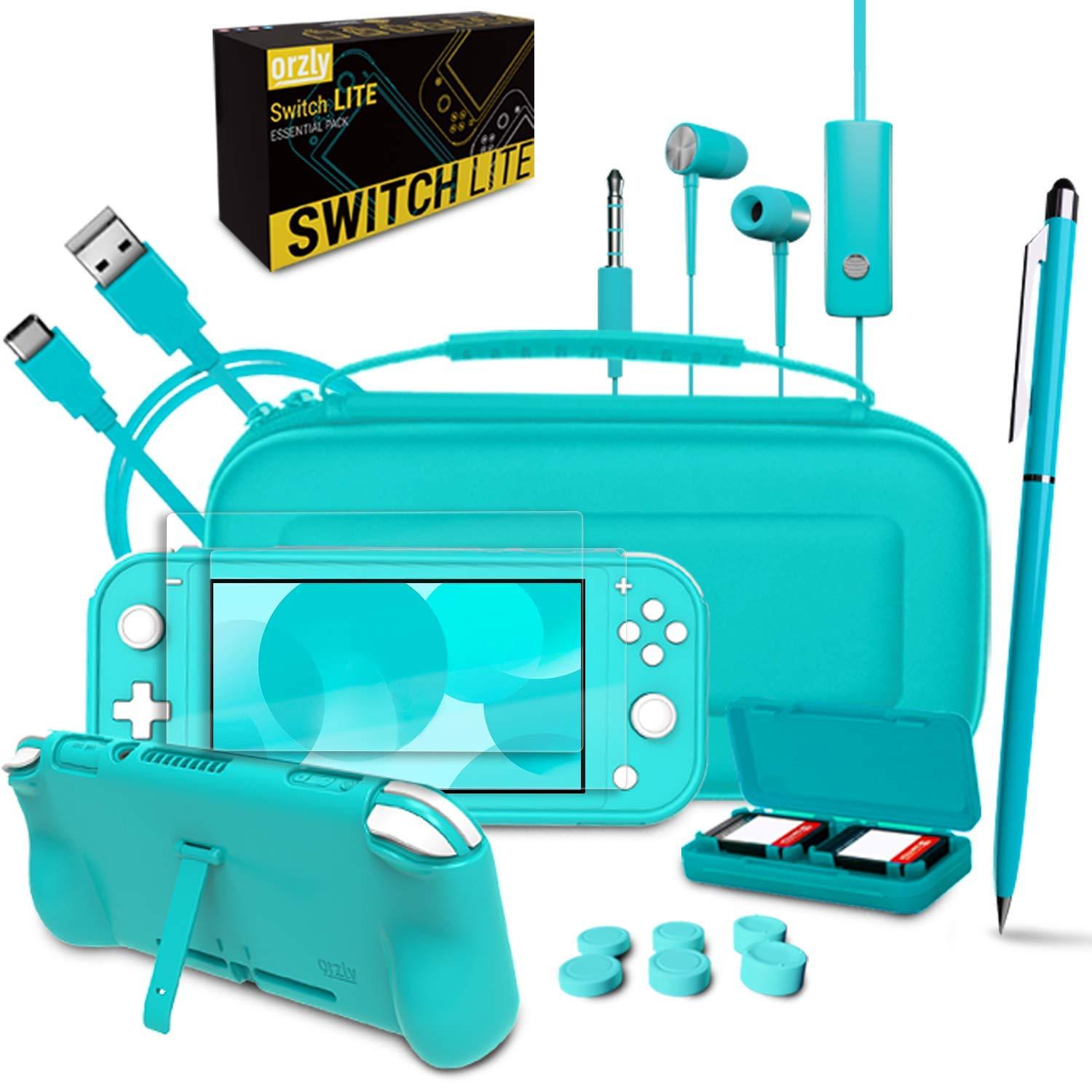 Orzly Switch Lite Accessories Bundle - Case & Screen Protector for Nintendo Switch Lite Console, USB Cable, Games Holder, Grip Case, Headphones, Thumb-Grip Pack & More (Gift Pack - Turquoise Blue) - Image 3