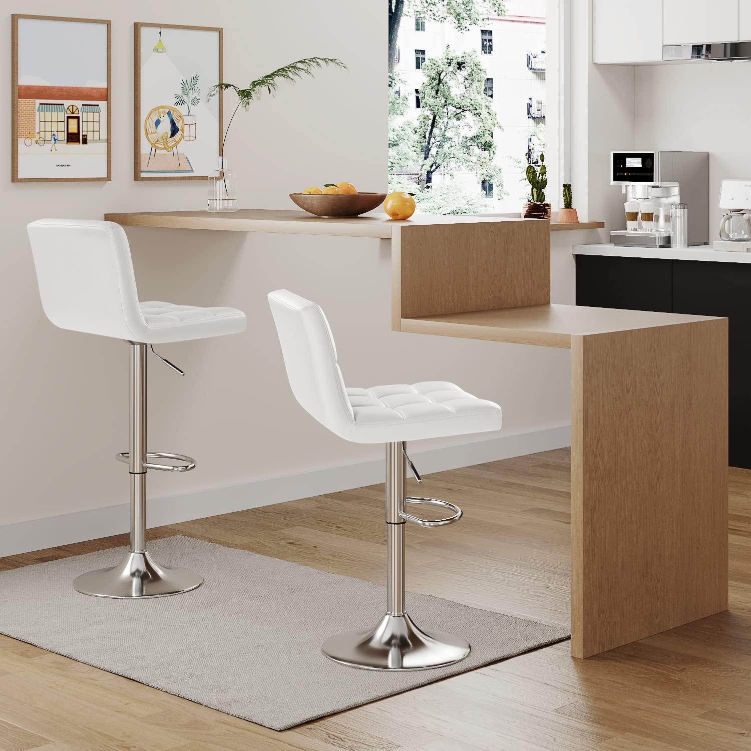 Furmax Bar Stools Modern Pu Leather Swivel Adjustable Hydraulic Bar Stool Square Counter Height Stool Set of 2 (White) - Image 2