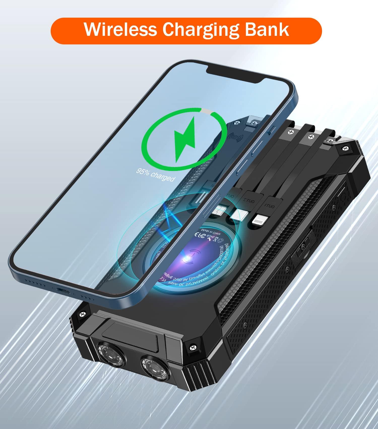 GOODaaa Power Bank Wireless Charger 36000mAh Built in 4 Cables Six Outputs 15W Fast Charging Power Bank for All Mobile Devices Three Inputs Solar Portable Charger with Dual Flashlights, Carabiner - Image 4