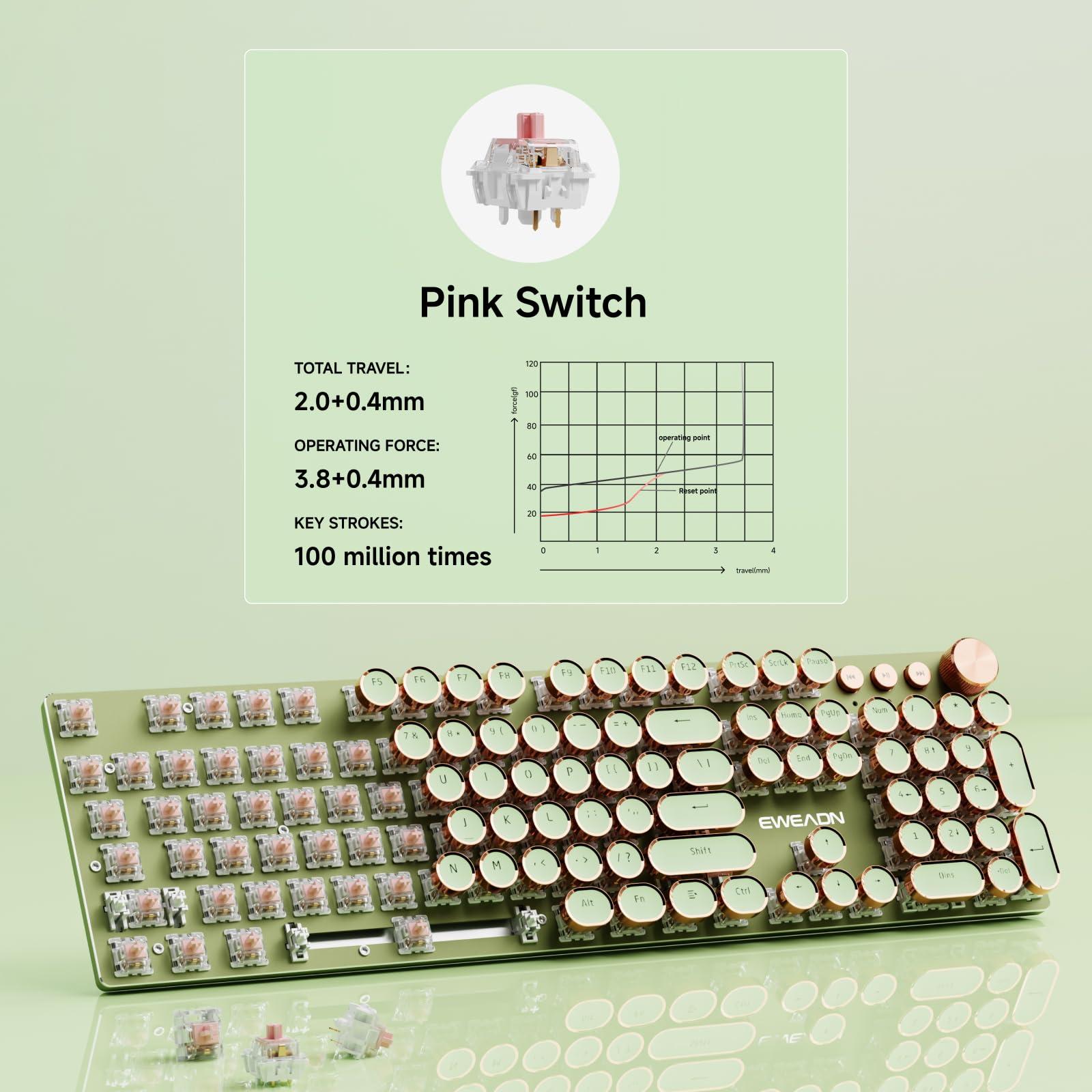 EWEADN V20 Typewriter Keyboard Wireless, 104 Keys Typewriter Style Mechanical with White Backlit, Media Knob, Pink Switch 2.4G/Bluetooth/USB-C Wired Retro Full Size Keyboard for Windows/Mac/PC-Green - Image 4