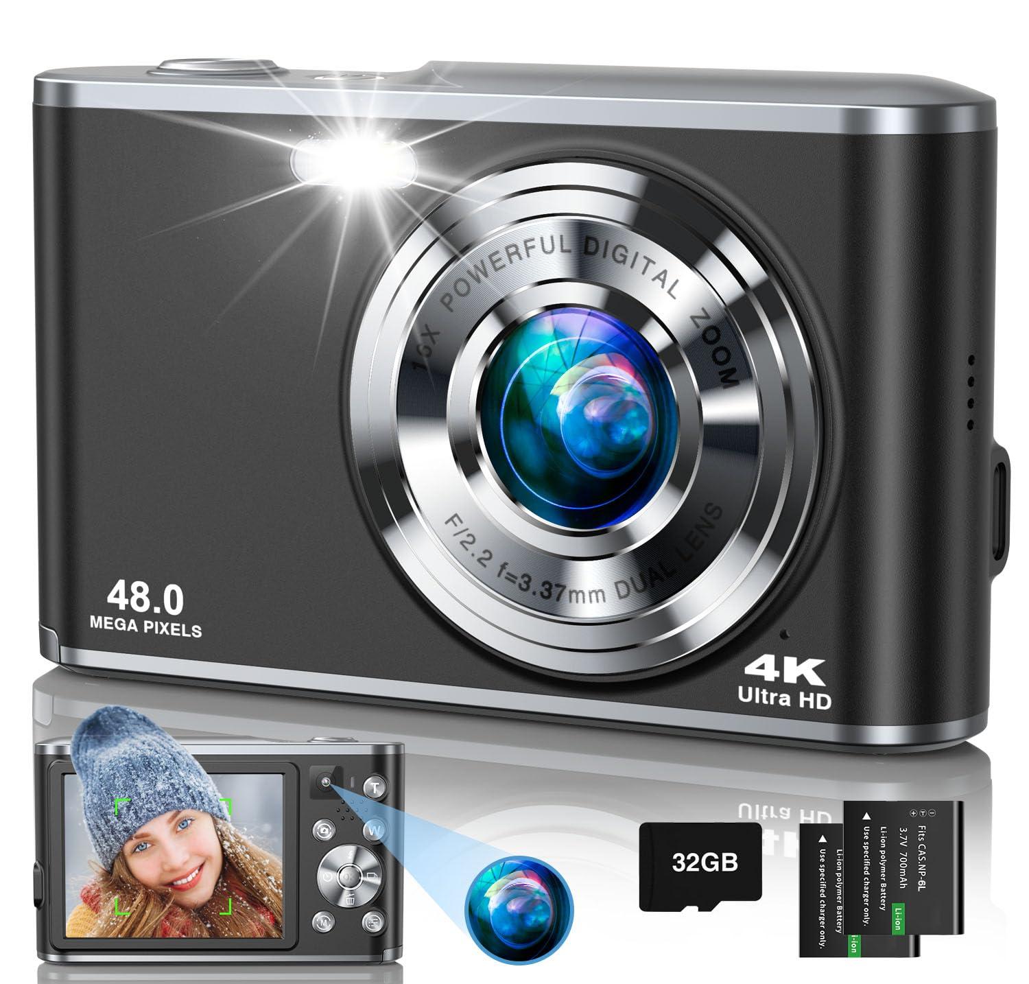 Digital Camera, 4K Autofocus Vlogging Selfie Camera with Front and Rear Dual Lenses, 32GB Card, 16X Zoom, Anti-Shake, 48MP Compact Portable Point and Shoot Digital Camera for Kid Teen Beginner(Black)