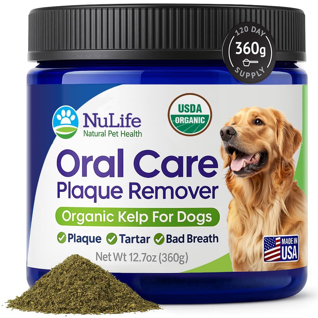 NuLife Natural Pet Health Dog Teeth Cleaning Powder, Dog Plaque and Tartar Remover, Bad Breath Treatment for Dogs with USDA Organic Sea Kelp Powder, Dog Dental Care Made Easy, for All Ages, 12 oz