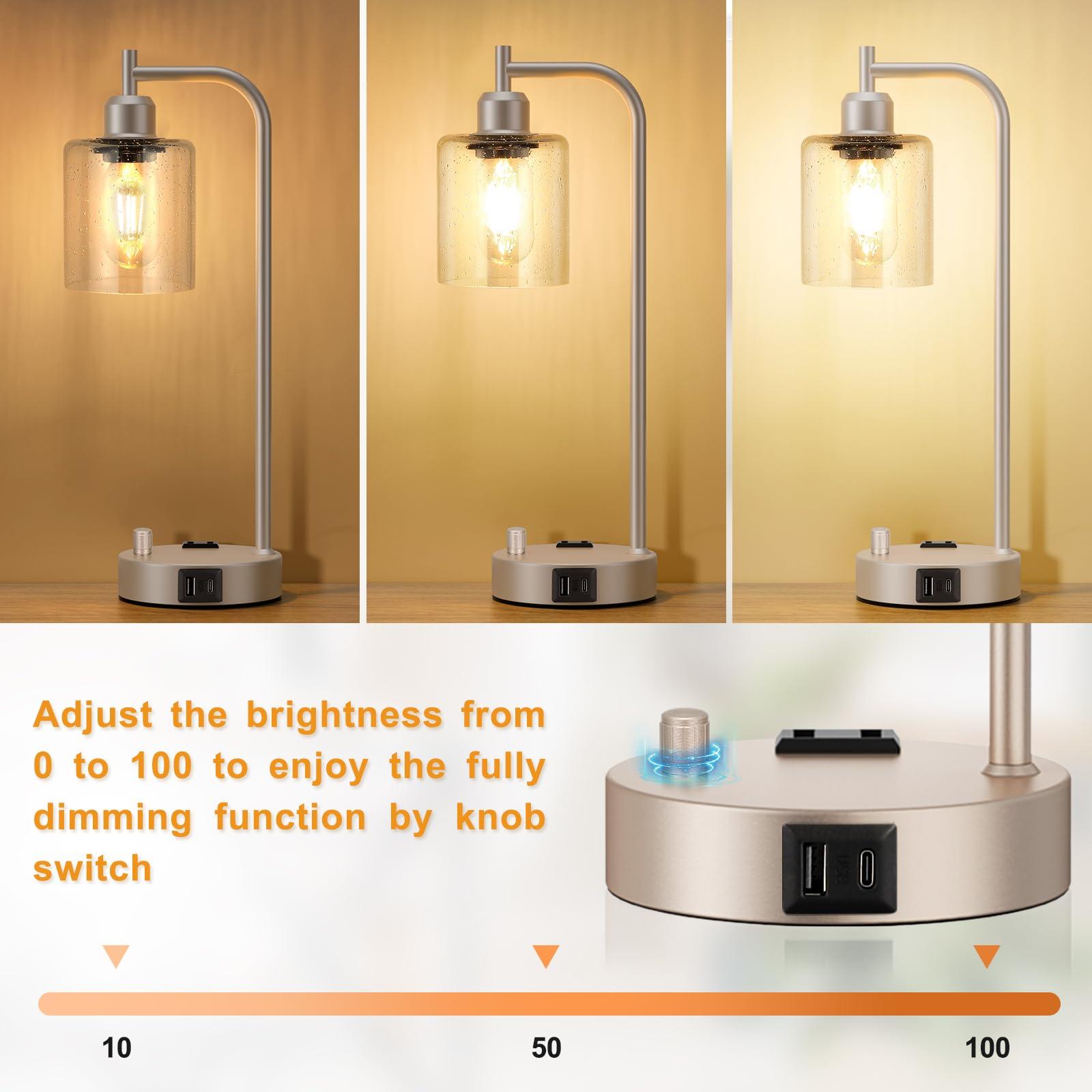 Industrial Table Lamps for Bedrooms Set of 2 - Fully Dimmable Bedside Lamps with USB Ports and Outlet, Champagne Gold Nightstand Lamps with Glass Shade for Living Room, Desk Lamps for Office Reading - Image 2