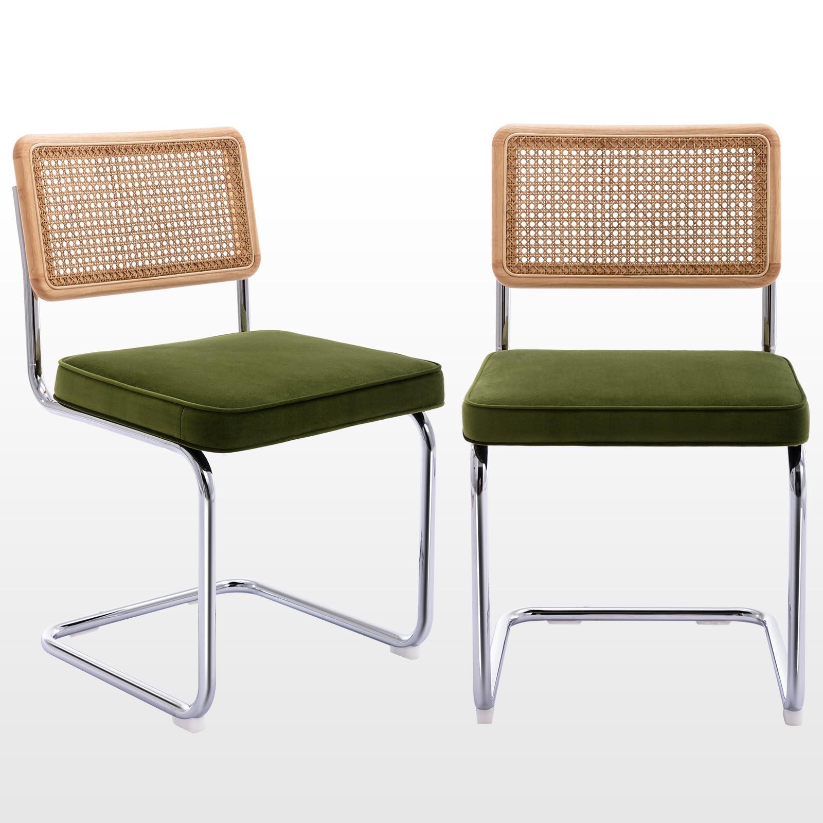 Zesthouse Natural Rattan Dining Chairs Set of 2, Modern Boho Kitchen Chairs with Solid Wood Back & Chrome Base, Mid Century Breuer Design Inspired, Upholstered Velvet Fabric, Green
