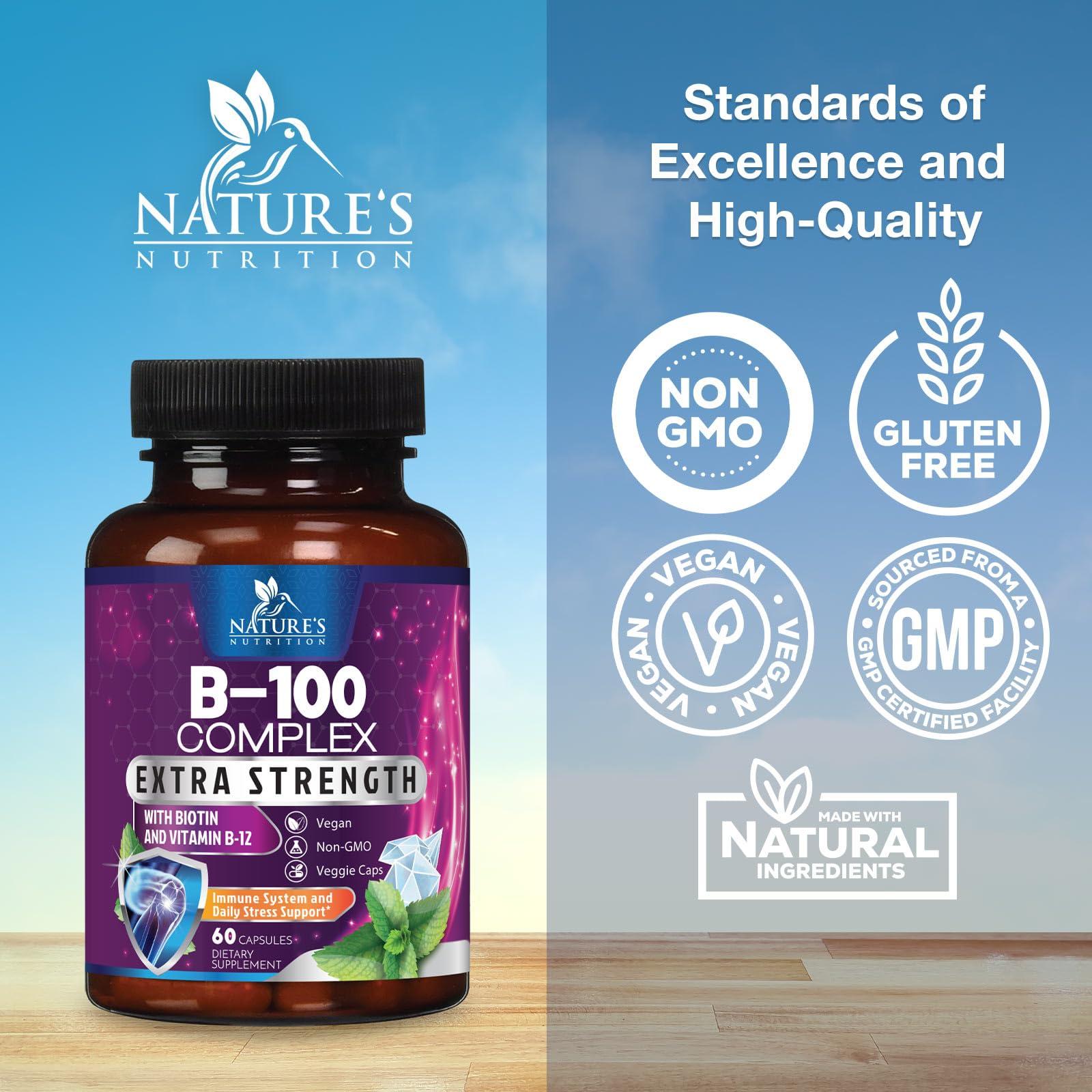Vitamin B Complex Capsules with Vitamins B6 B12 B100 C Biotin Folate & Folic Acid - Supplement for Heart, Brain, & Nerve Support - Super Complete B-Complex for Immune & Energy Support - 60 Capsules - Image 4