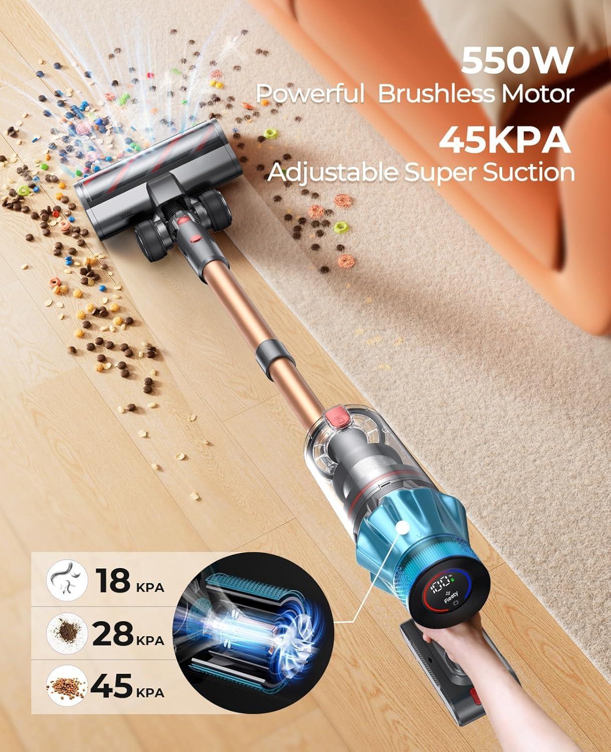 Cordless Vacuum Cleaner 550W/45Kpa, Stick Vacuum Cleaners 60 Mins Max Runtime with Charging Dock, Self-Standing Handheld Vacuum with Touch Display, 6-in-1 Vacuum Cleaner for Carpet/Hard Floor/Pet Hair - Image 2