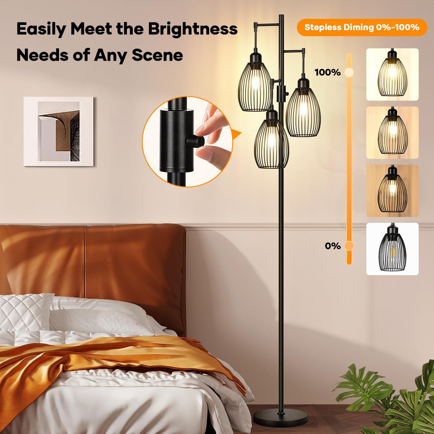 Dimmable Floor Lamp, 3 x 800LM LED Edison Bulbs Included, Farmhouse Industrial Floor Lamp Standing Tree Lamp with Elegant Teardrop Cage Tall Lamps for Living Room Bedroom Office Dining Room-Black - Image 3