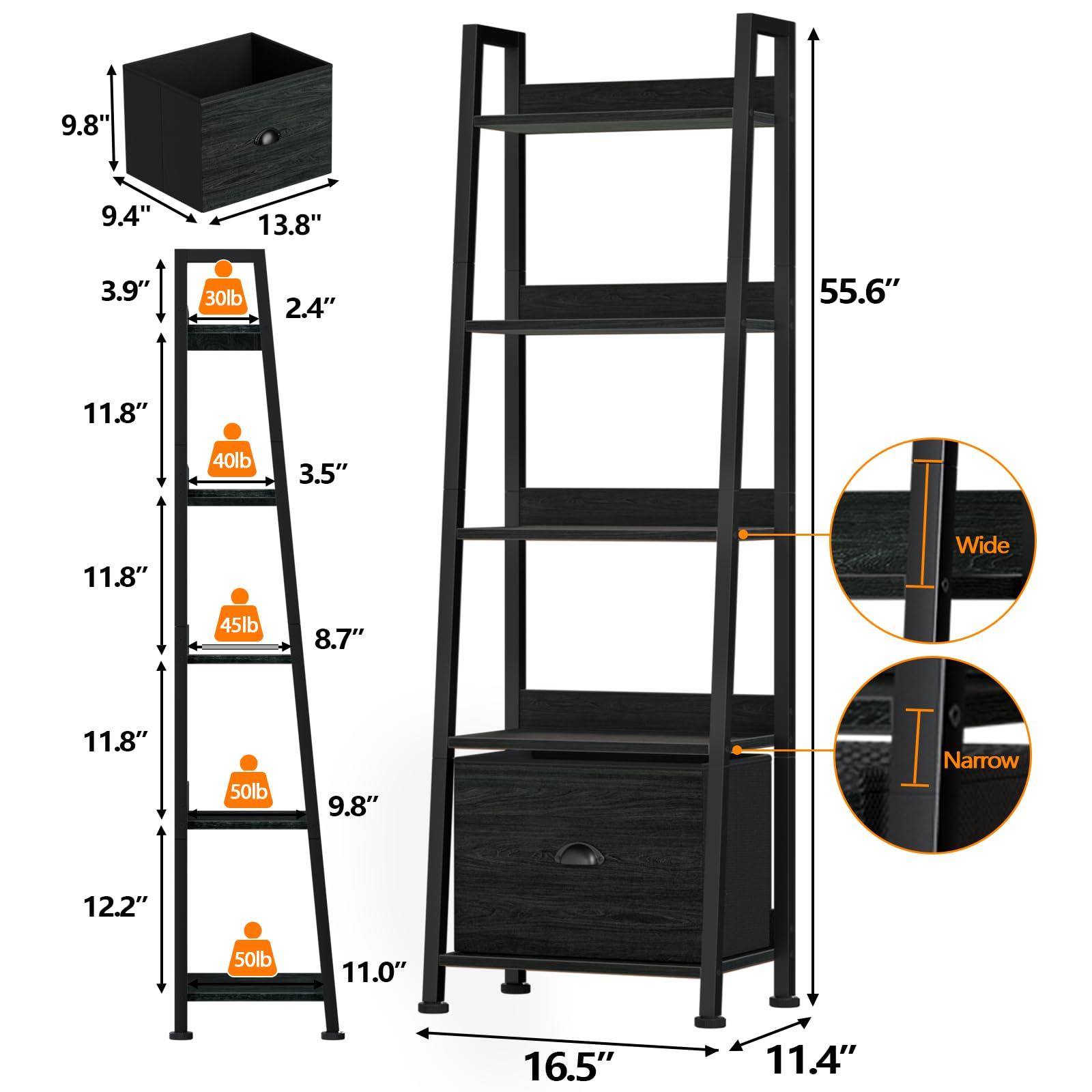 Furologee 5-Tier Ladder Shelf, Narrow Ladder Bookshelf with Drawer, 55.6”Tall Industrial Bookcase Storage Rack Organizer, Freestanding Storage Shelve for Living Room, Home Office, Bedroom, Black Oak - Image 3