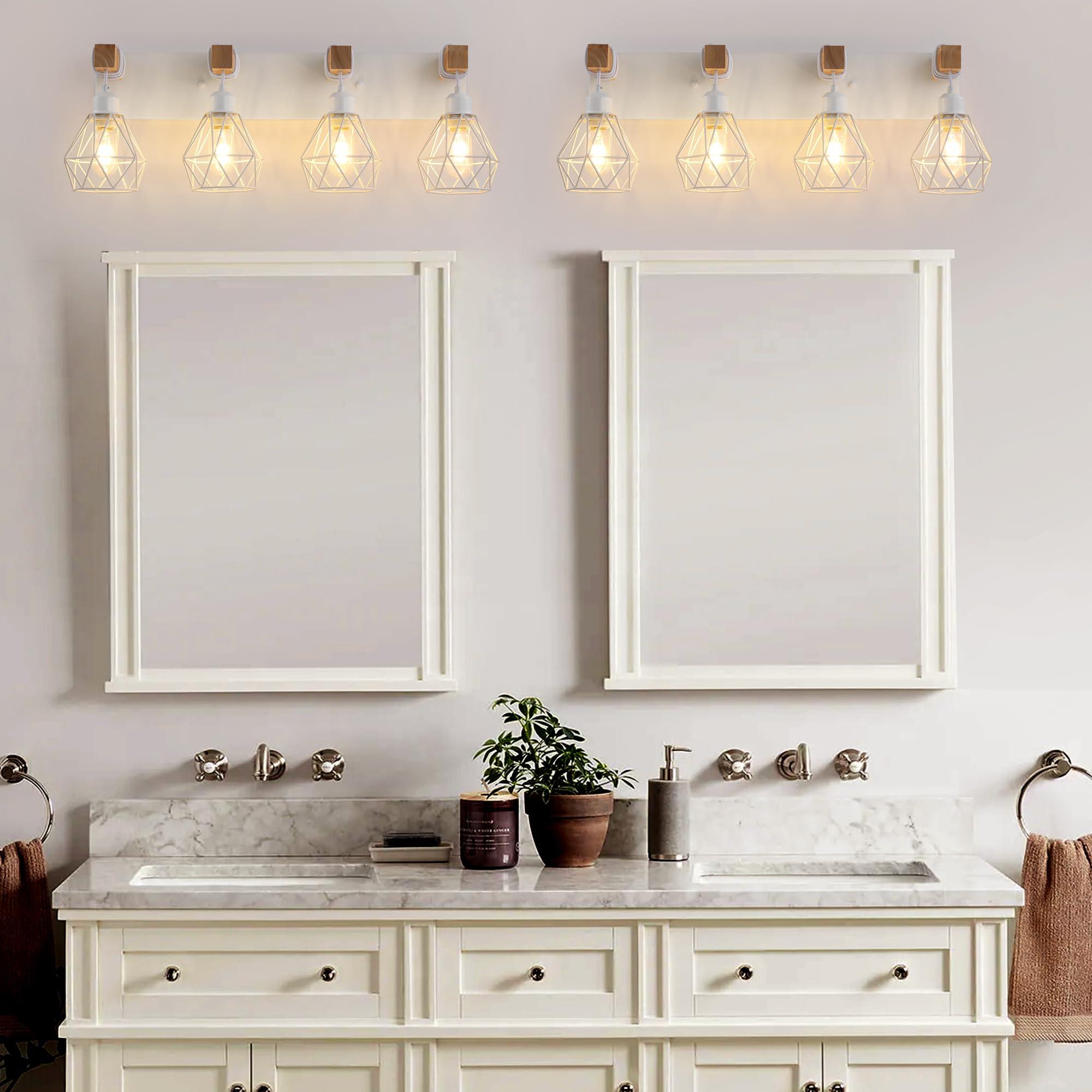 Farmhouse Vanity Light for Bathroom, 4-Light White Wood Bathroom Vanity Light Fixtures Over Mirror, Rustic Sconces Wall Lighting with Metal Lampshade for Living Room, Bedroom, Hallway - Image 4