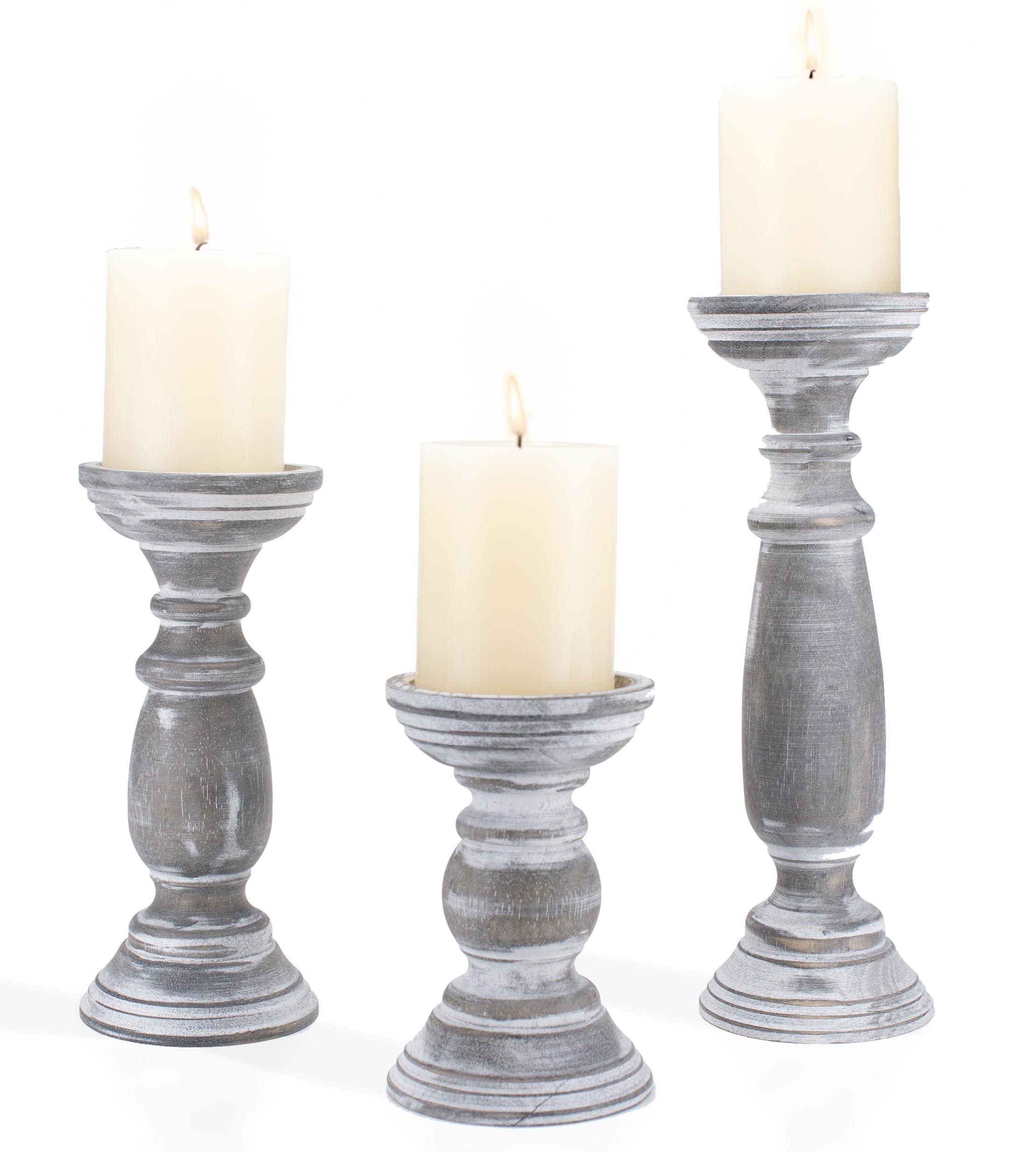 Rustic Wooden Pillar Candle Holders Set of 3, 12'' 9'' 6'' Farmhouse Wood Candle Stand for Table Centerpieces, Vintage Tall Candleholders Fireplace Mantel Decor for Living Room, Grey