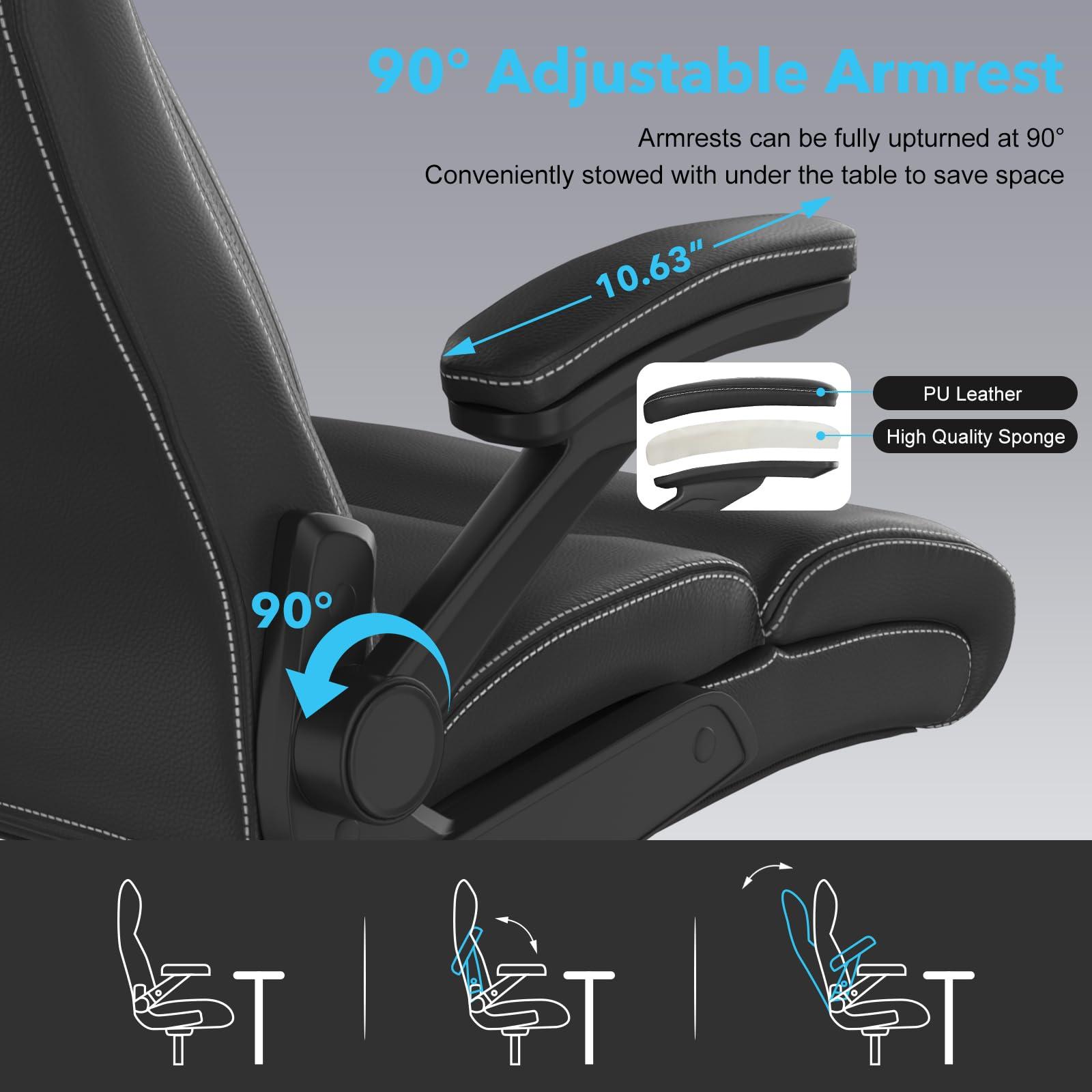 ralex-chair Big and Tall Office Chair, 500lbs for Heavy People, High Back Leather Executive Desk Chair with Flip-up Armrests and Adjustable Height (Black) - Image 6