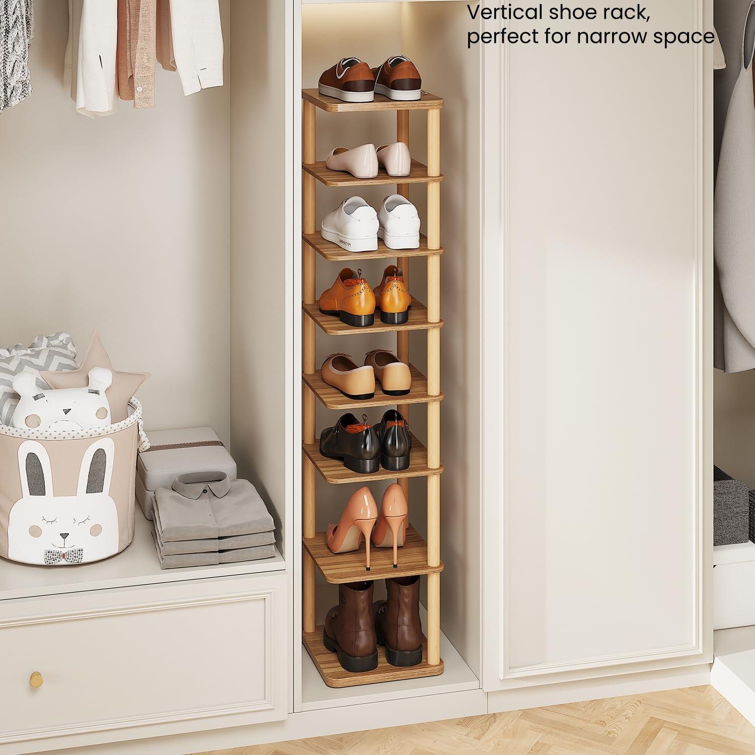 LUCKNOCK Vertical Shoe Rack, 8-Tier Tall Narrow Shoe Organizer for Entryway, Closet, Dorm & Small Spaces, Freestanding Wooden Shoe Shelf Tower for Boots, Sneakers, Heels. (Walnut) - Image 5