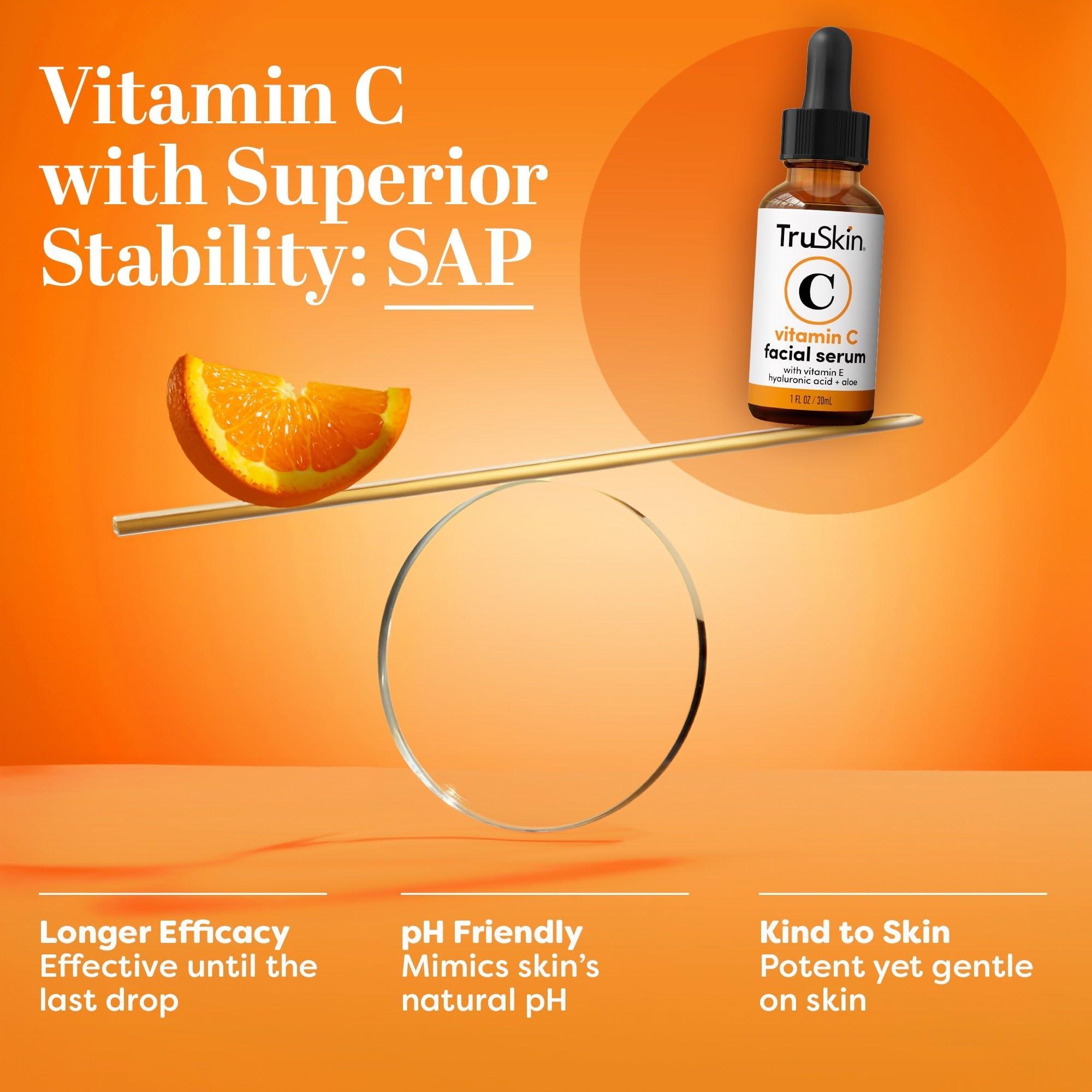 TruSkin Vitamin C Serum For Face – Anti Aging Formula with Vitamin C, Hyaluronic Acid, Vitamin E – Brightening Serum – Improve Appearance of Dark Spots, Tone, Fine Lines & Wrinkles, 1 Fl Oz - Image 5