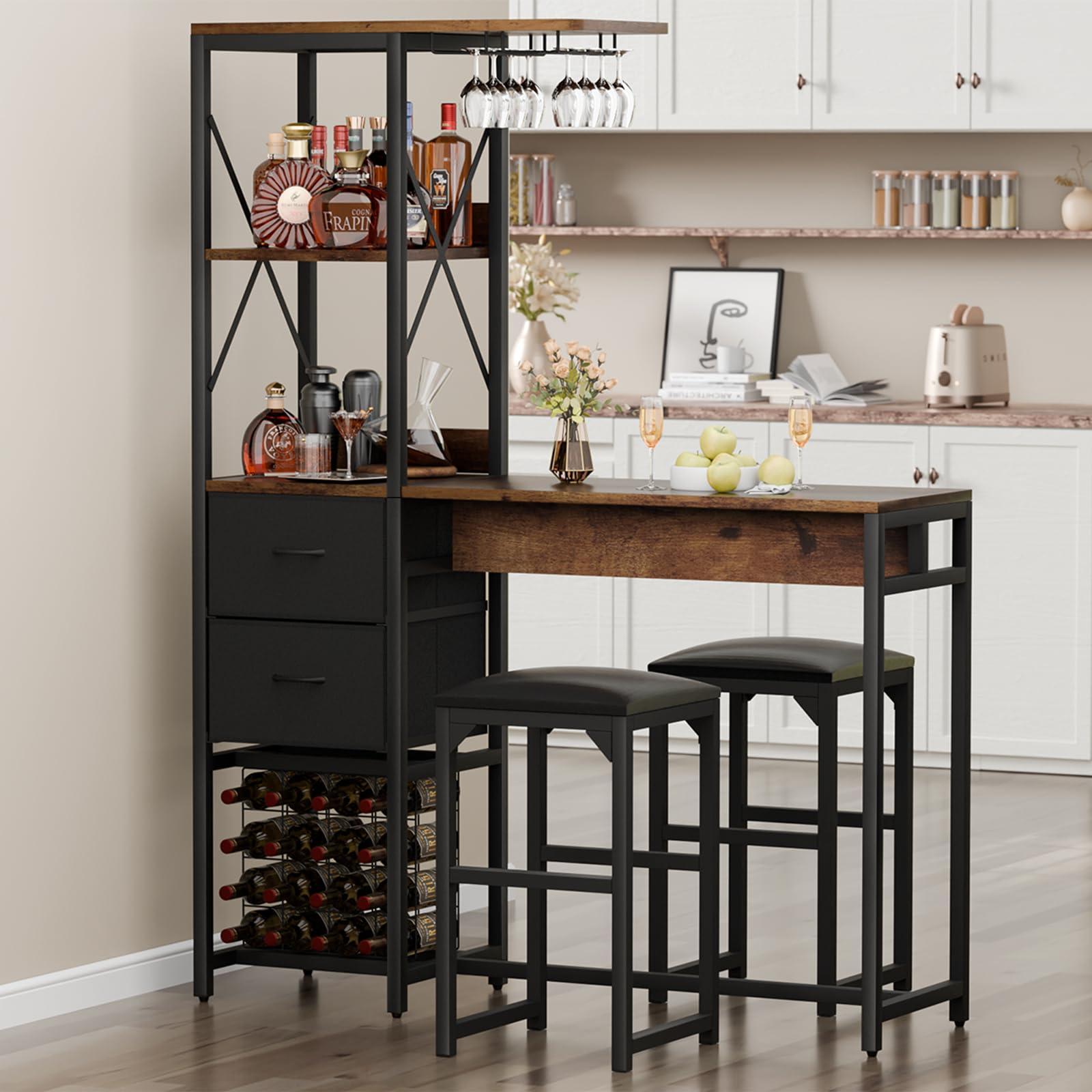 6-Tier Bar Table and Chairs Set, Metal Coffee Bar with Storage Shelves And 2 fabric Drawers, Dining Table Cup Holder & Wine Rack, Kitchen Table Set with PU Leather Cushion Stools for Small Space