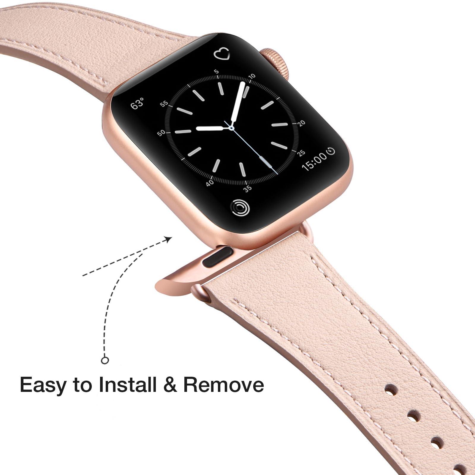 MNBVCXZ Compatible with Apple Watch Band 38mm 40mm 41mm 42mm 44mm 45mm 46mm 49mm Women Men Genuine Leather Replacement Strap for iWatch Series 10 9 8 7 6 5 4 3 2 1 SE Ultra (Pink Sand/Rose Gold) - Image 3