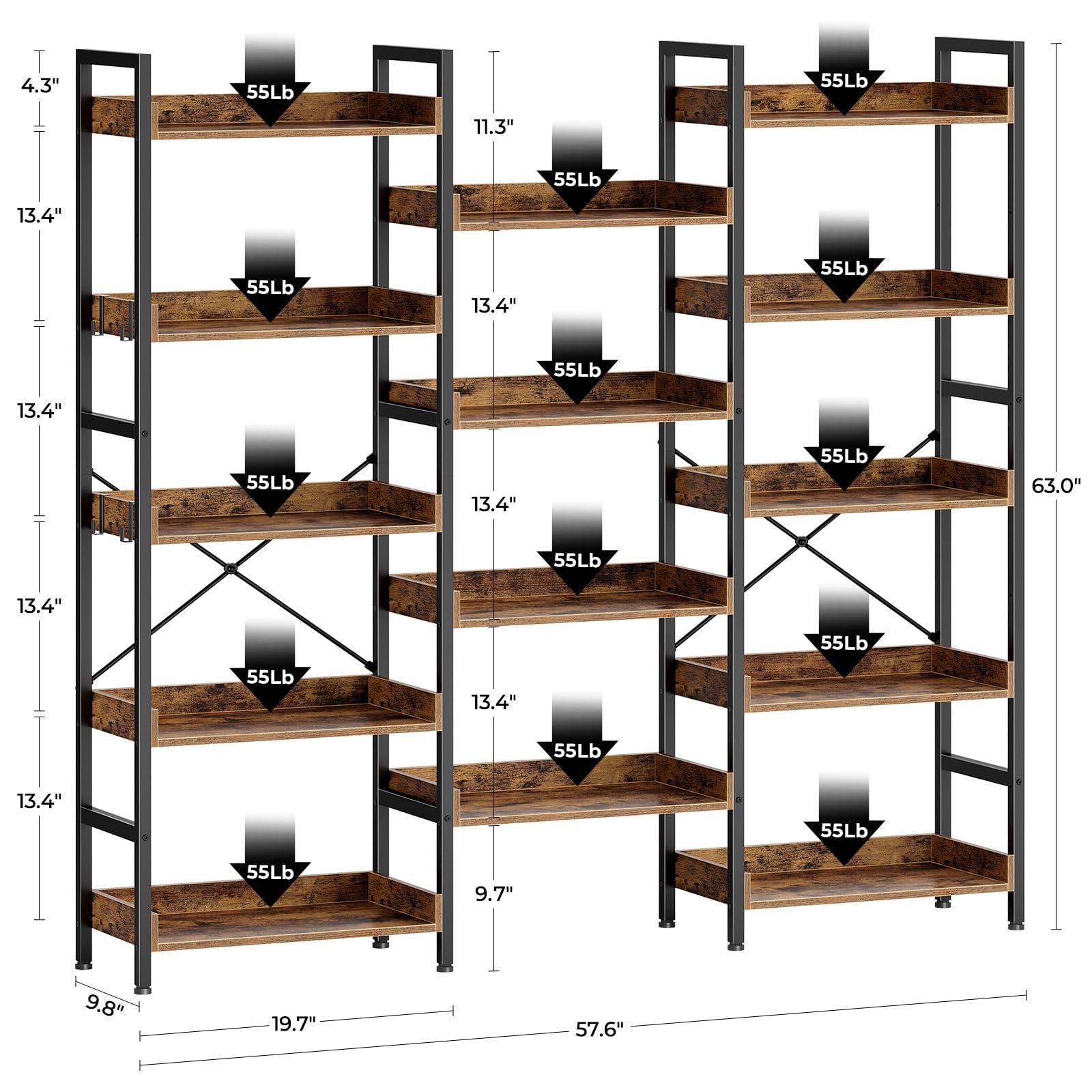 Rolanstar Bookshelf 5 Tiers with 4 Hooks, Triple Bookcase with Open Display Shelves, Industrial Wide Bookshelf with Metal Frame for Living Room, Office, Rustic Brown - Image 3