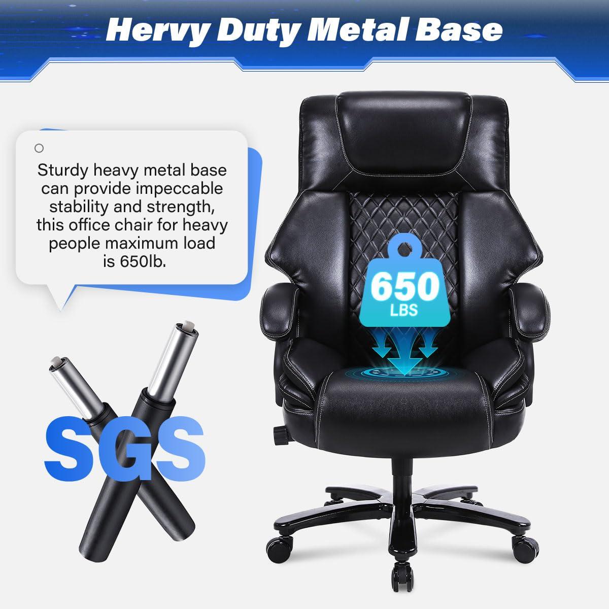 Big and Tall Office Chair 650lbs Heavy Duty Executive Chair with Adjustable Lumbar Support, Wide Seat, Ergonomic High-Back Leather Desk Chair for Heavy People - Image 7