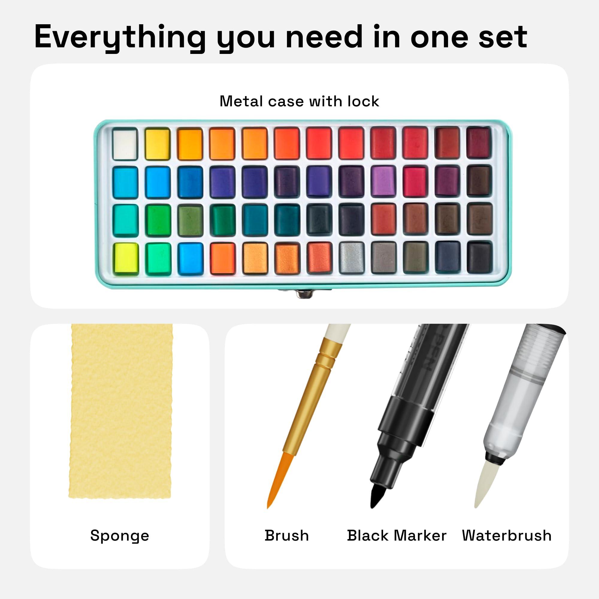 ARTISTRO Watercolor Paint Set, Vivid Colors in Portable Box, Palette set, Including Metallic and Fluorescent Colors. Perfect Travel Watercolor Set for Artists, Amateur Hobbyists and Painting - Image 2