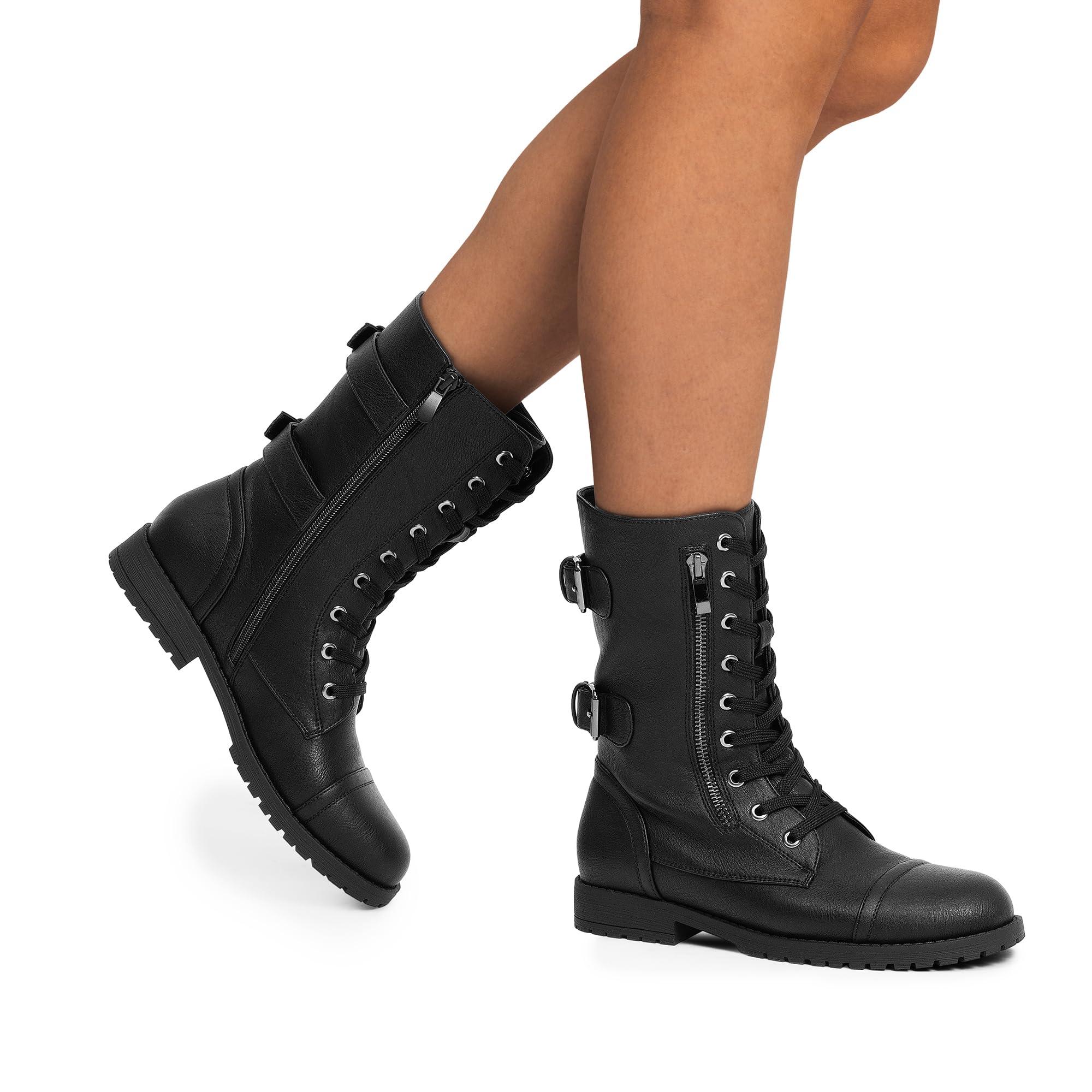 DREAM PAIRS Women's Mid Calf Built-in Wallet Pocket Lace up Military Combat Boots - Image 6