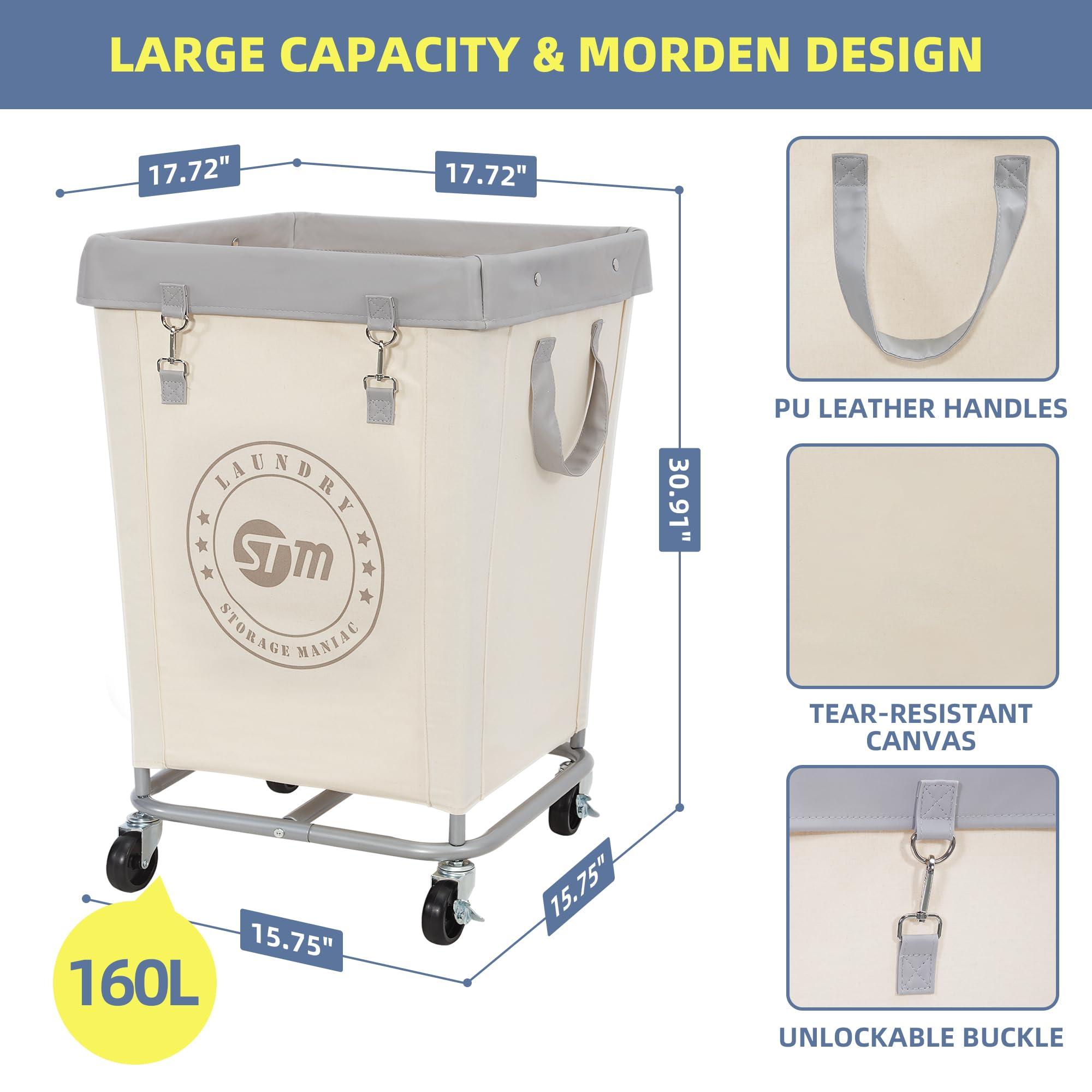 STORAGE MANIAC Commercial Laundry Hamper with Heavy Duty Steel Frame, 160 L Industrial Laundry Basket Cart with Wheels for Hotel, Home, Laundry Room, 17.72''L x 17.72''W x 30.91''H, Medium Beige - Image 3