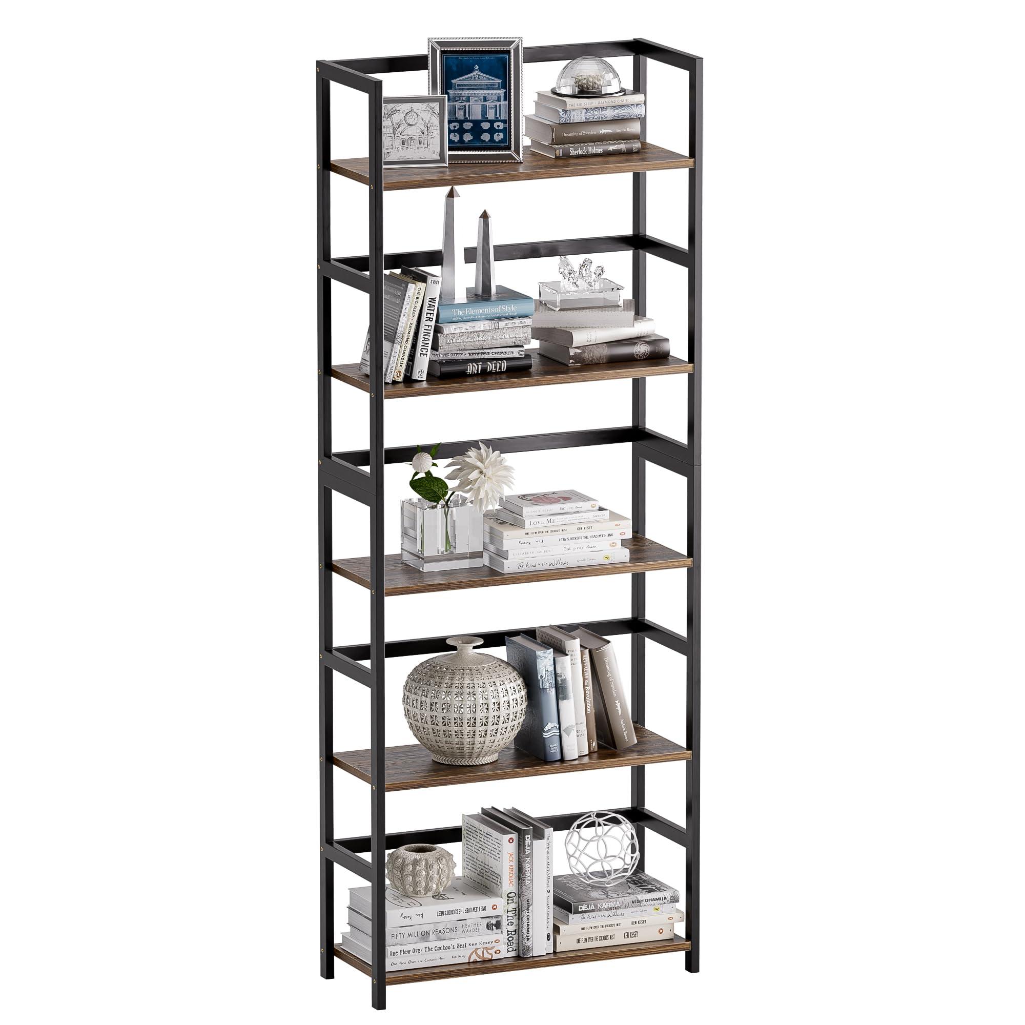vovala 5-Tier Bookshelf, Industrial Bookcase with Bamboo Frame, Modern Display Standing Shelf Unit, Tall Wood Storage Organizer for Living Room, Home Office, Rustic Brown