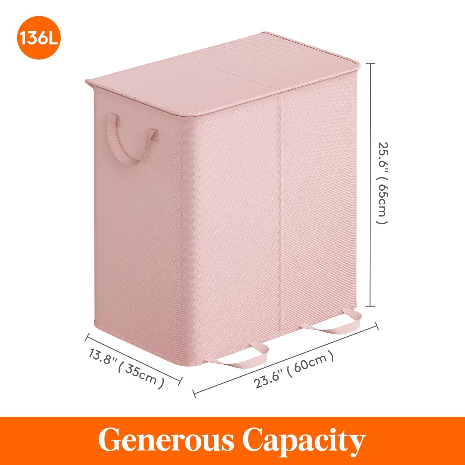 Lifewit Double Laundry Hamper with Lid and Removable Laundry Bags, Large Collapsible 2 Dividers Dirty Clothes Basket with Handles for Bedroom, Laundry Room, Closet, Bathroom, College, 136L Pink - Image 6