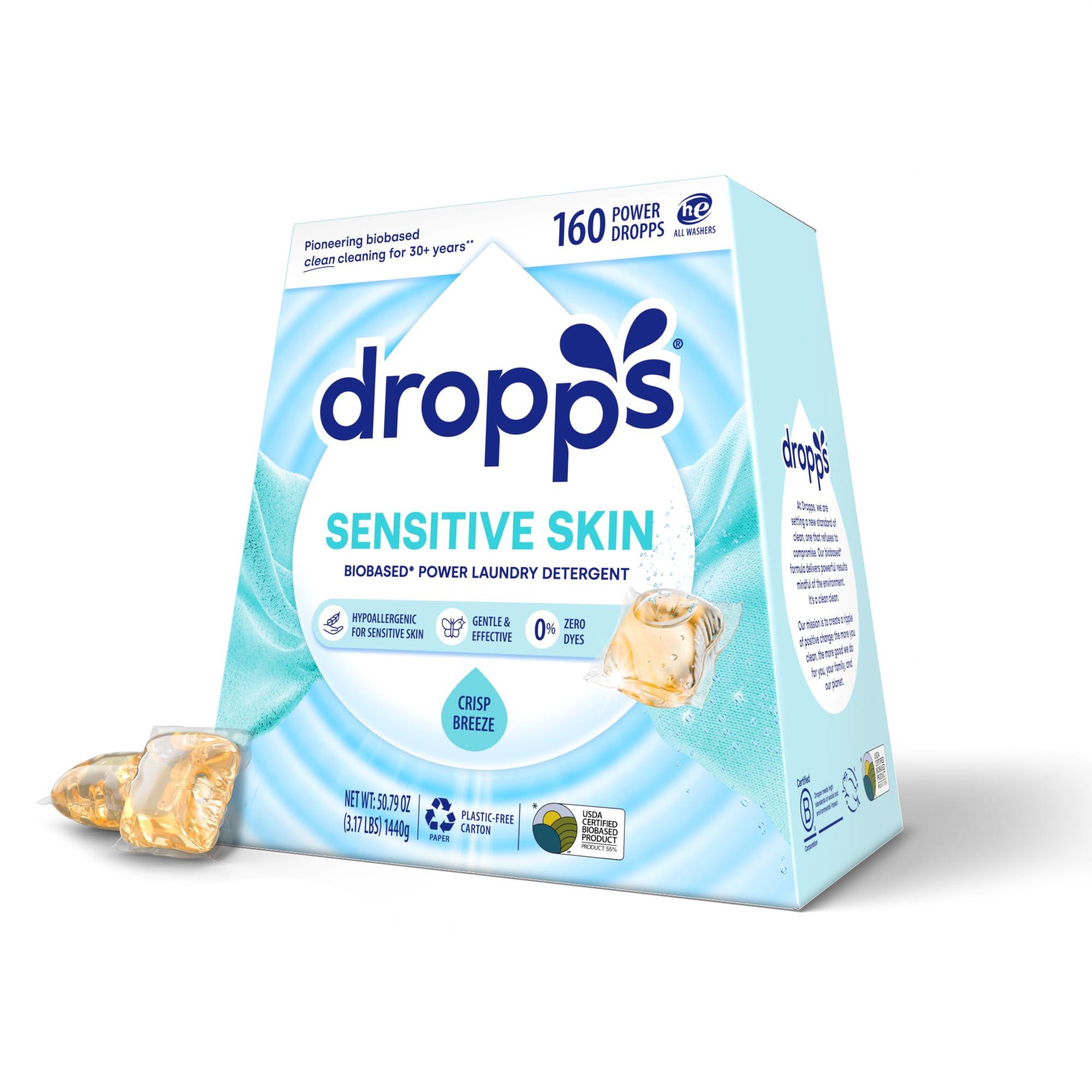 Dropps Sensitive Skin Laundry Detergent Pods, Crisp Breeze (160 Count) - Dermatologist Tested Laundry Pods - HE Compatible Laundry Supplies for Clean Clothes, Vegan & Dye-Free