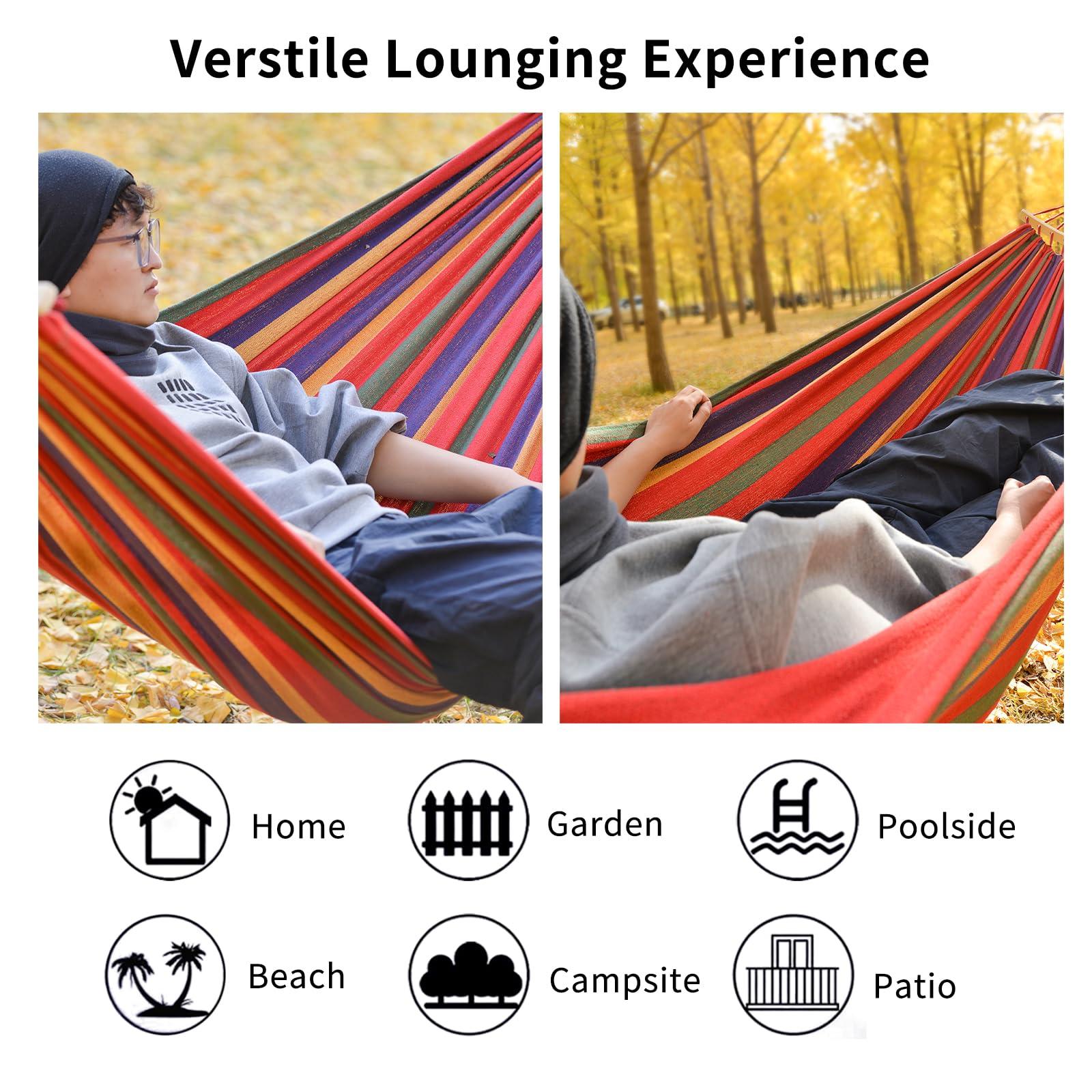 Hammock, Cotton Canvas Hammock Portable Camping Hammock with Carrying Bag Two Anti Roll Balance Beam Metal Carabiner Ropes and Tree StrapsSuit for Indoor,Yard,Camping,Outdoor-Rainbow - Image 5
