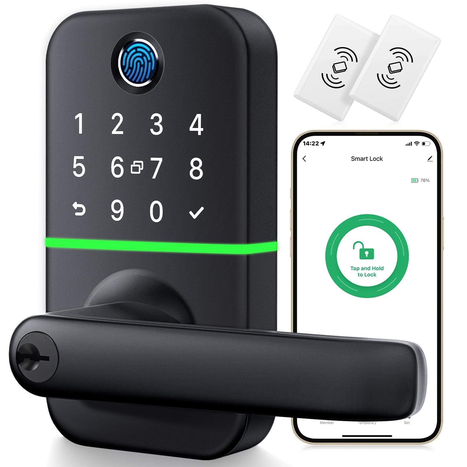 Keypad Smart Door Lock with Handle: Kucacci Keyless Entry Fingerprint Lock - Digital Code Handle with Keypad - Electronic Smart Knob for Front Door - Deadbolt Alternative with App - Easy Installation