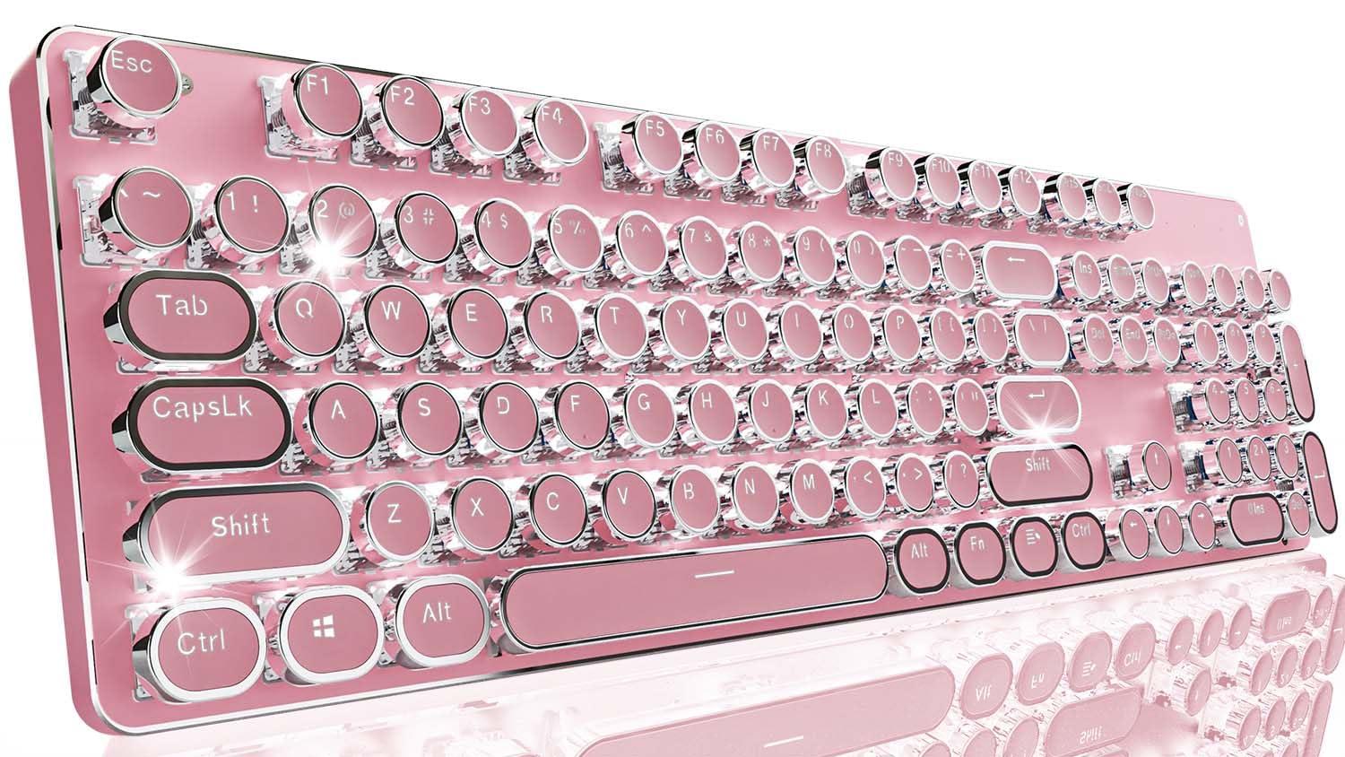 EWEADN TK950 Typewriter Keyboard Wireless Mechanical Keyboards, 104 Keys Aesthetic Typewriter Keyboard with White Backlit, Anti-Ghosting, Blue Switch Bluetooth/2.4GHz/USB-C Wired Cute Keyboards-Pink