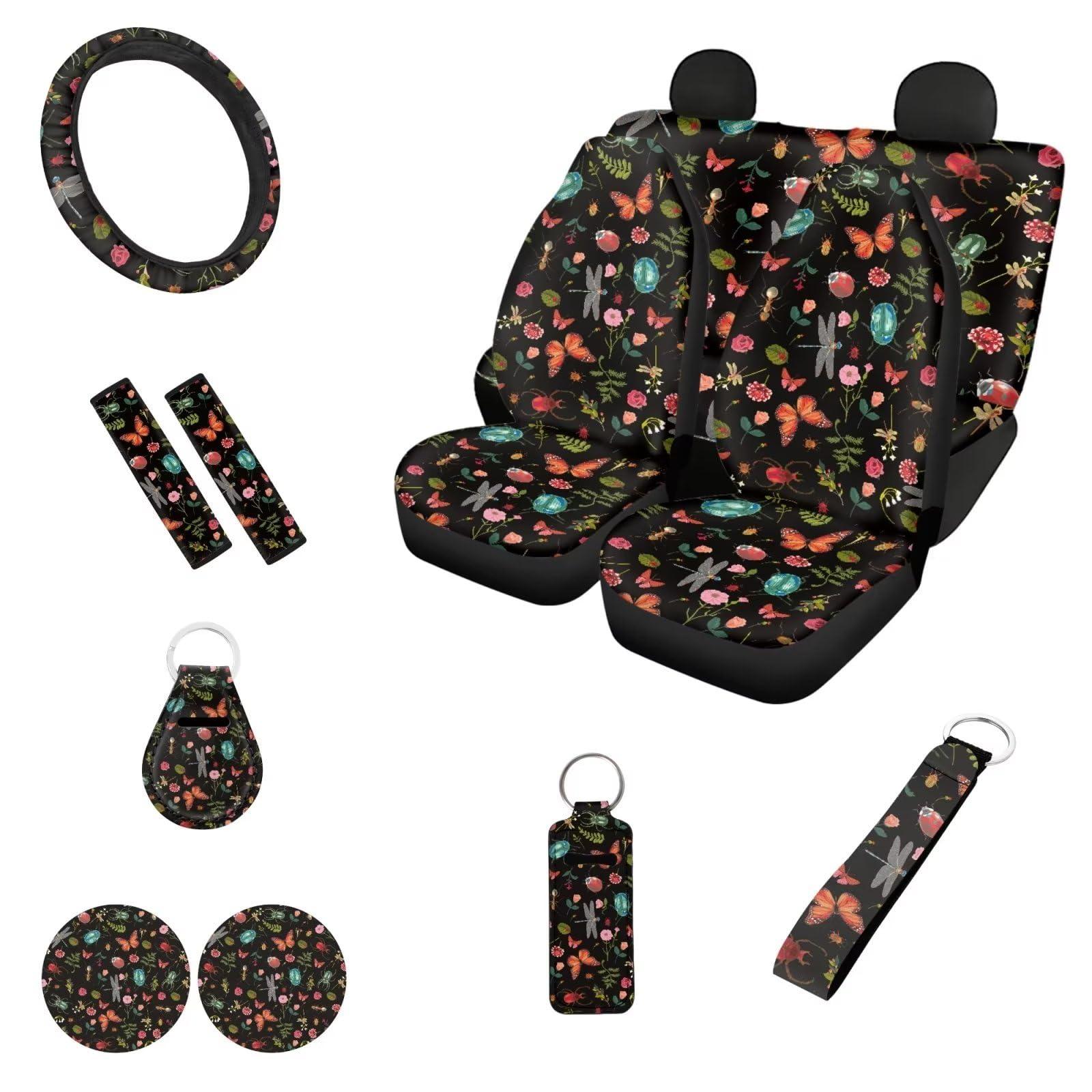 FUIBENG Wild Forest Daisy Auto Seat Covers with Cute Animal,12 Pcs Full Set Car Front Split Bench Seat Covers+Elastic Steering Wheel Wrap+Safety Seatbelt Pad+Key Chain Sets for Women Men